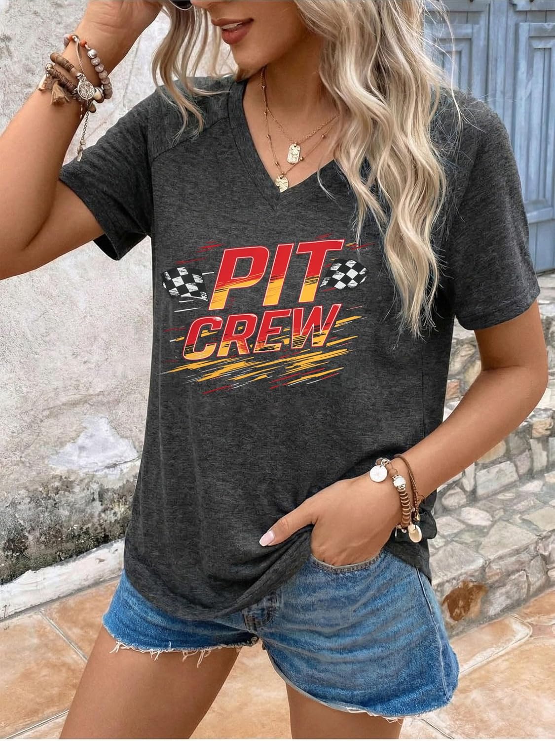 Racing Shirt for Women Vintage Checkered Flag Graphic Tshirt Race Day Car Shirts Casual Short Sleeve Tops - Image 4