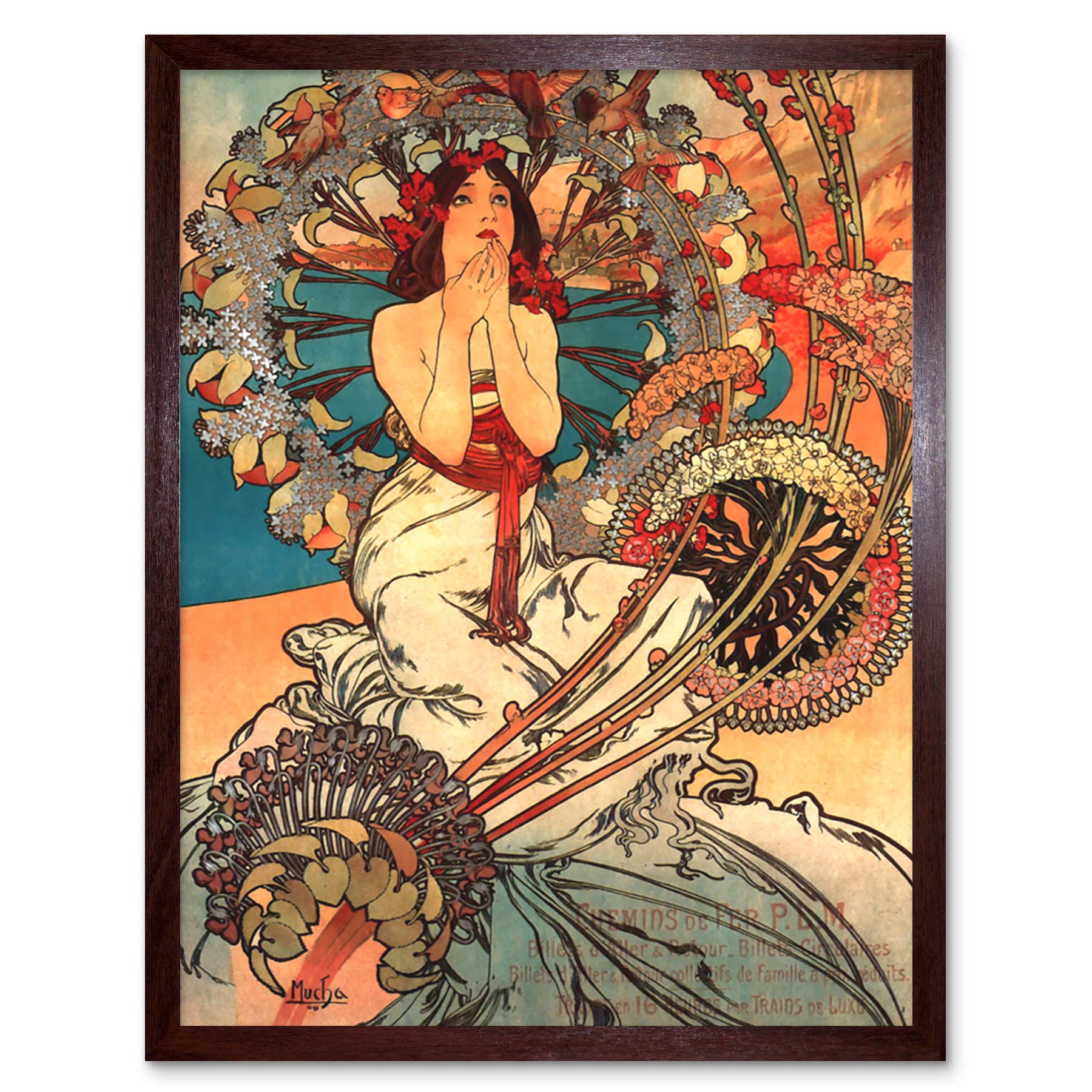 Wee Blue Coo Mucha Art Nouveau Woman Floral Art Print Framed Poster Wall Decor 12x16 inch