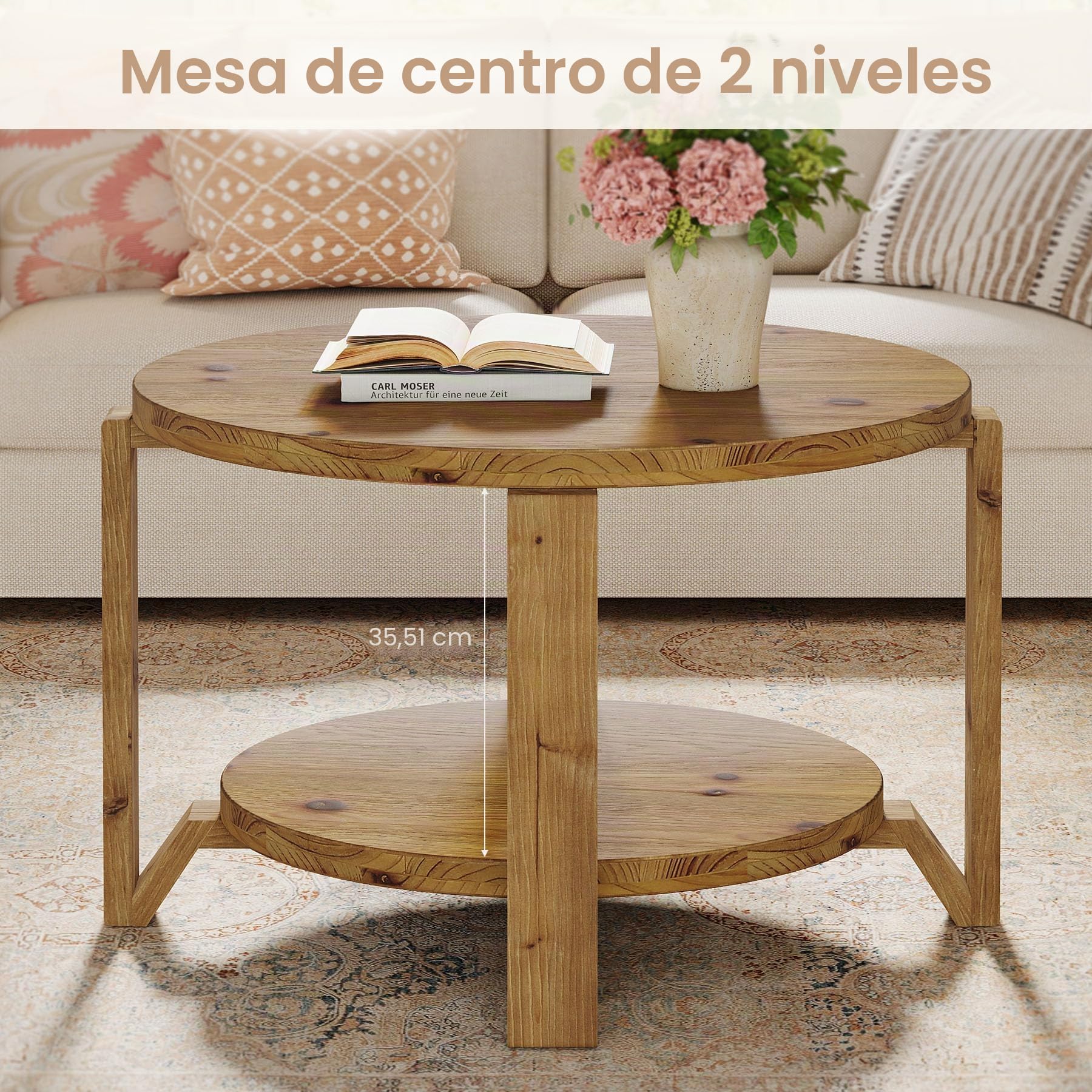 Tribesigns Mesa de Centro Redonda de Madera Maciza, 80cm Mesa Centro Madera de 2 Niveles con Estantes de Almacenamiento, Moderno Acento de Madera Central para Sala de Estar, Oficina en Casa, Marrón