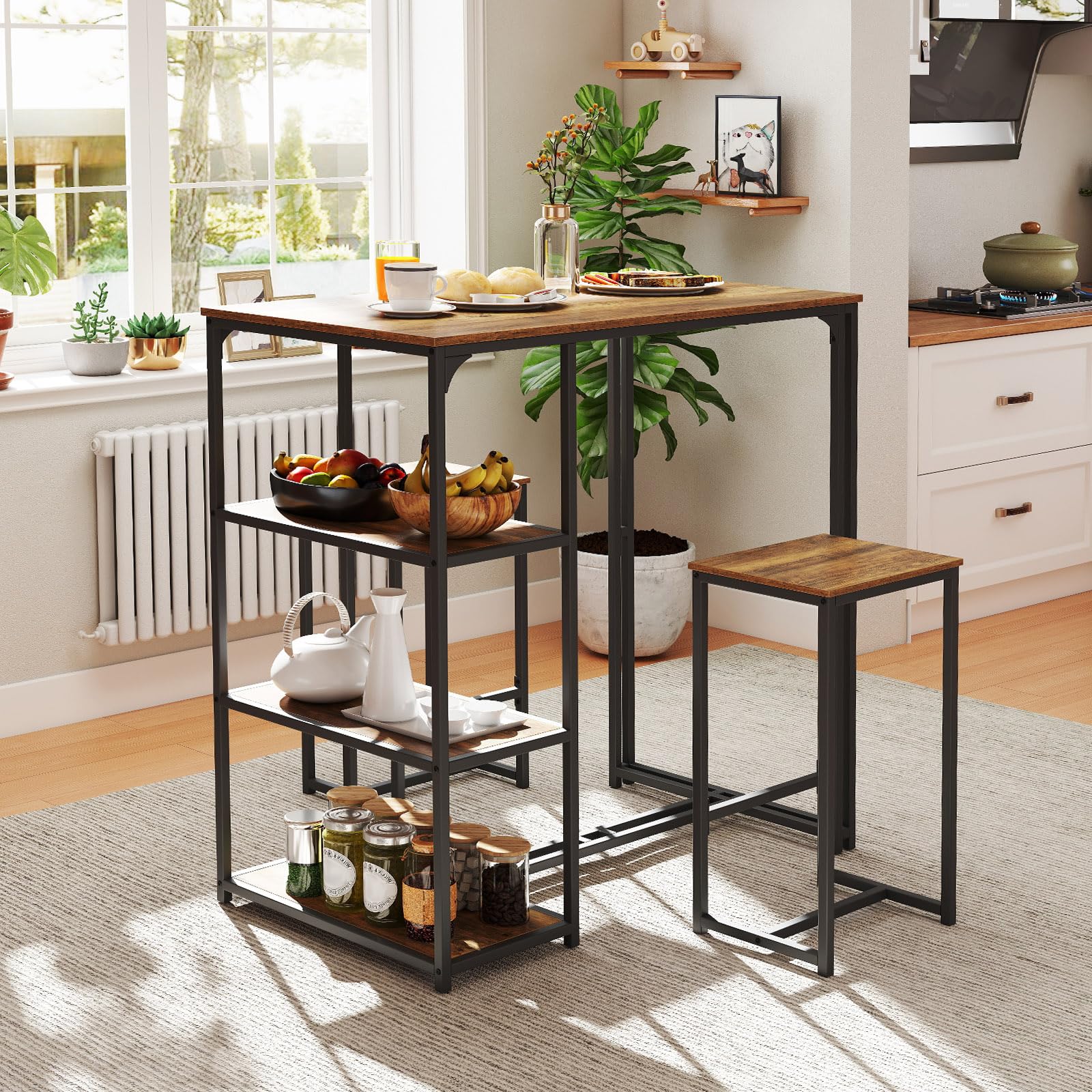 COSTWAY Juego de Mesa y Taburetes de Bar, 110x60x110 cm, Mesa Alta de Cocina con 2 Taburetes, 3 Estantes, Marco de Metal, Muebles de Bar Industrial para Cocina, Salón, Comedor, Desayuno, Marrón