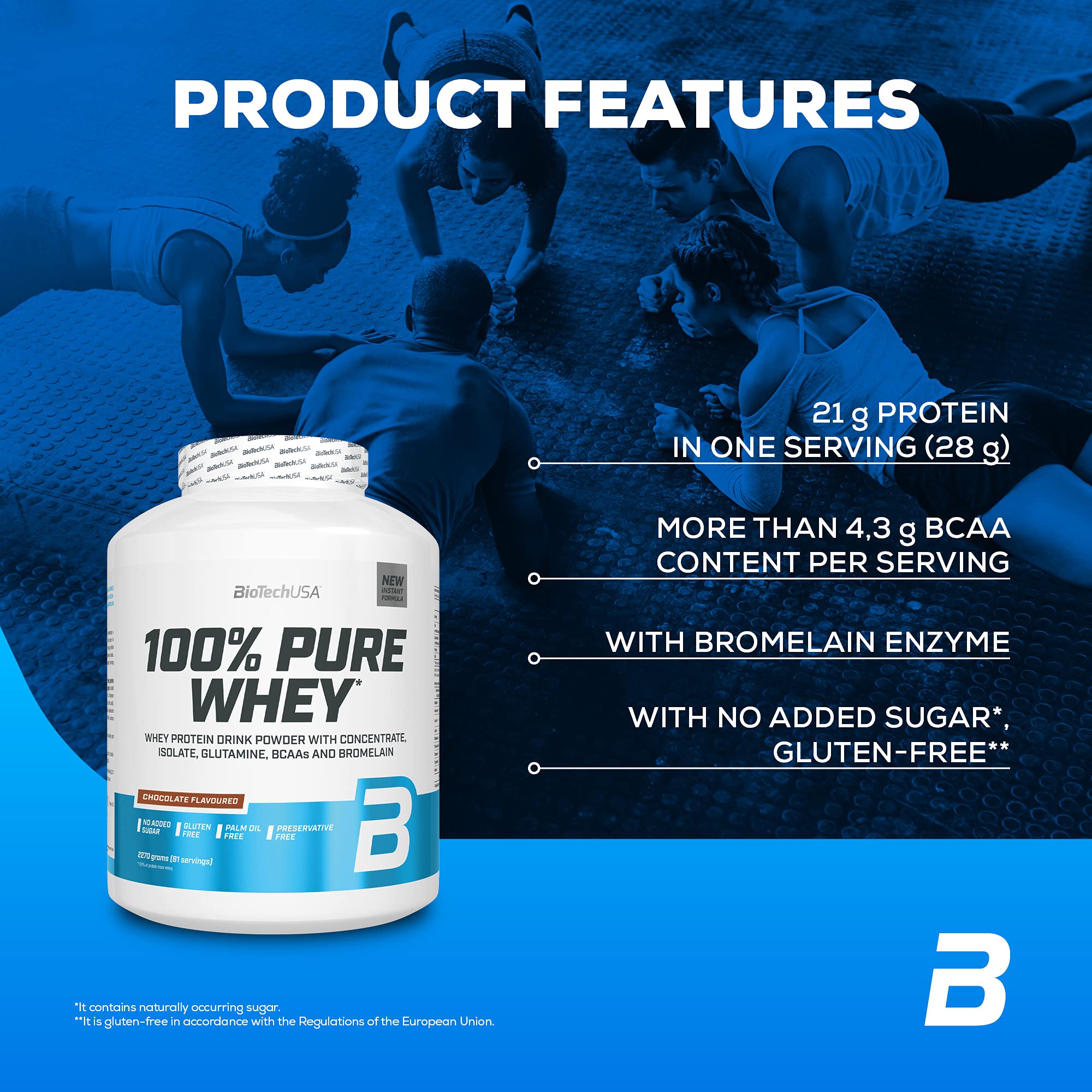 BioTechUSA 100 Pure Whey Protein Complex with bromelain Enzyme, Amino acids, sweeteners and no