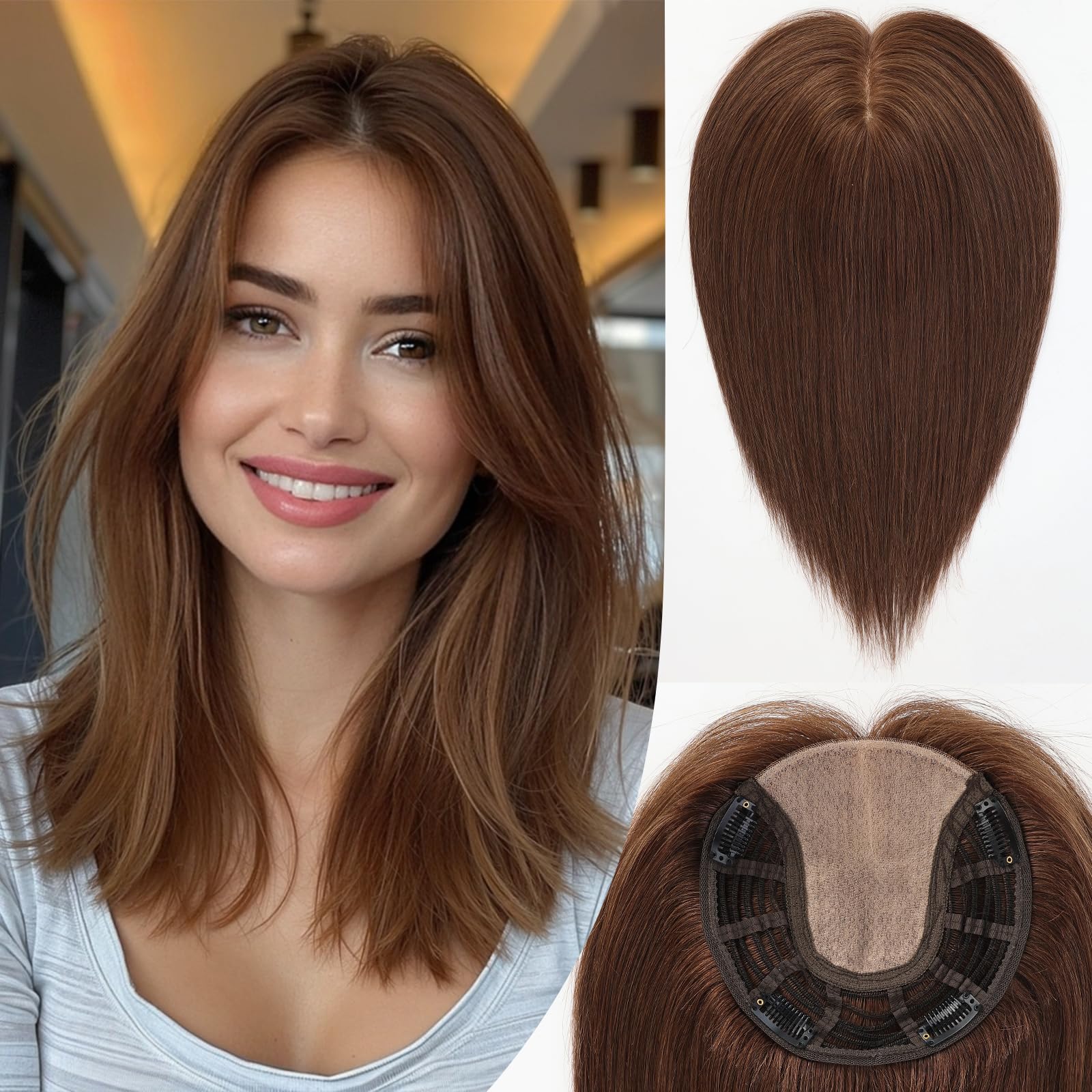 starluck Hair Toppers for Women Real Human Hair 7"*7" Large Base Brown No Bangs 100% Real Human HairToppers for Women with ThinningHair Cover Gray