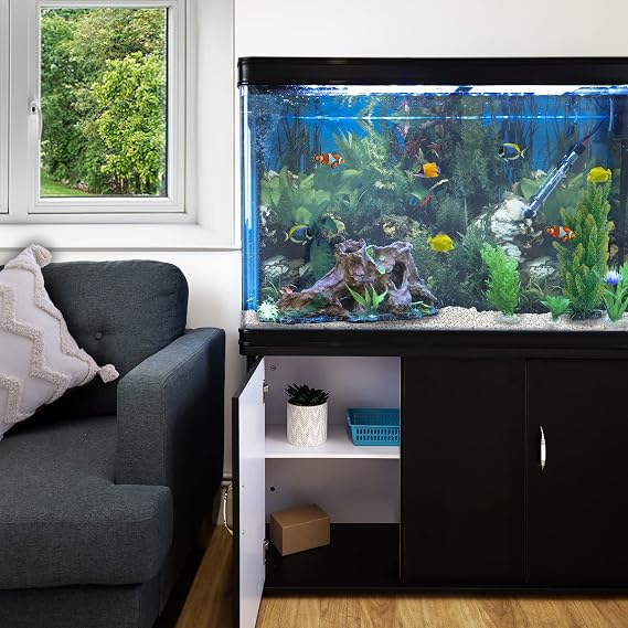 MonsterShop Large Fish Tank Black 4ft 300L 65 Gal Aquarium Marine Tropical Saltwater Freshwater. Black Cabinet Storage Stand. White Gravel. Filter Air Pump Heater LED Light Tank Accessories…