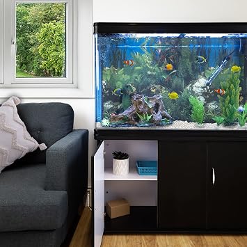 MonsterShop Large Fish Tank Black 4ft 300L 65 Gal Aquarium Marine Tropical Saltwater Freshwater. Black Cabinet Storage Stand. White Gravel. Filter Air Pump Heater LED Light Tank Accessories…