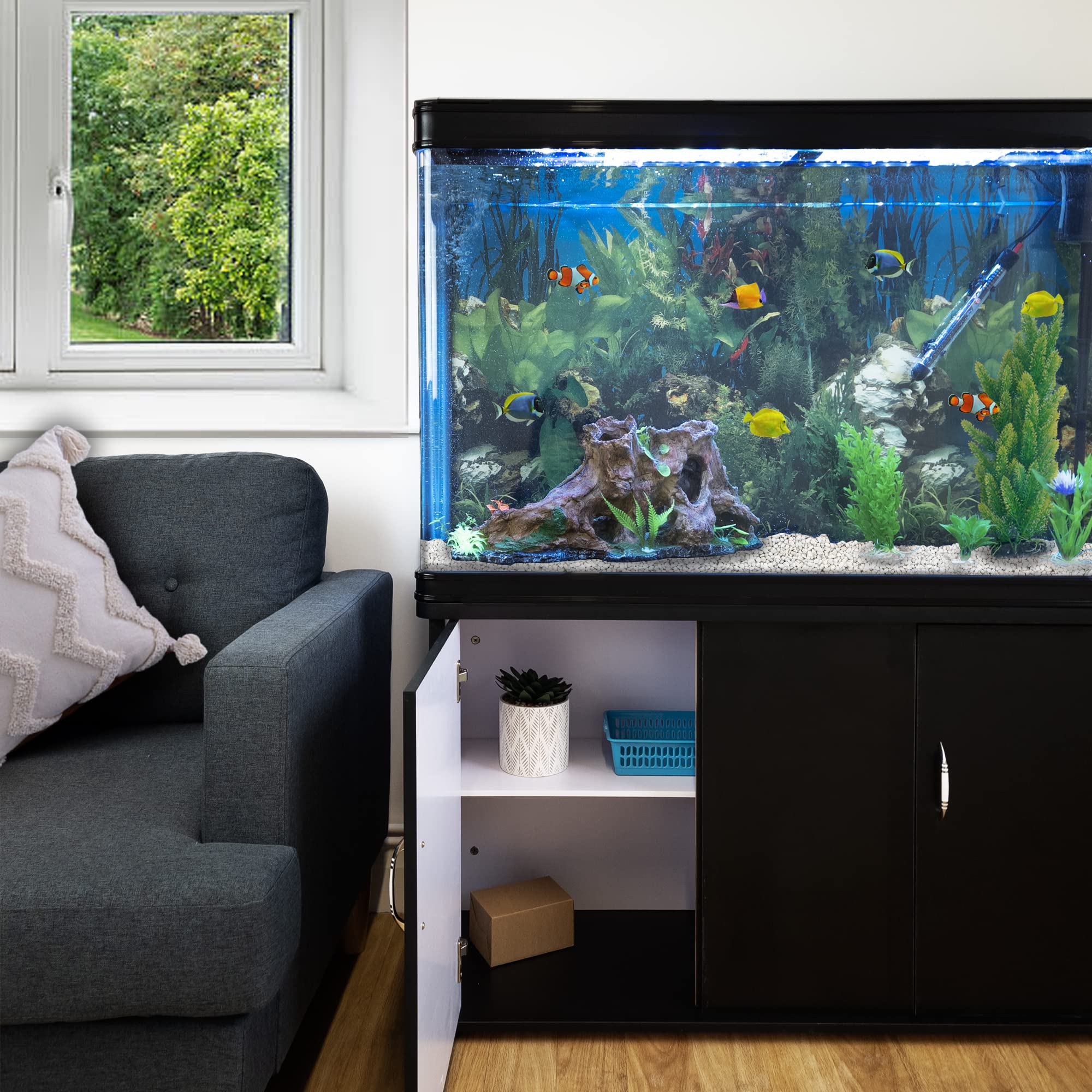 Pecera Acuario 300 Litros para Peces Agua Dulce,Tropicales+Marinos con Mueble Negro,Grava Blanca,Calentador 300W Ajustable,Filtro,Bomba Aire,Zona Observación 180º +Luz LED, 2 Años Garantía Eléctrica