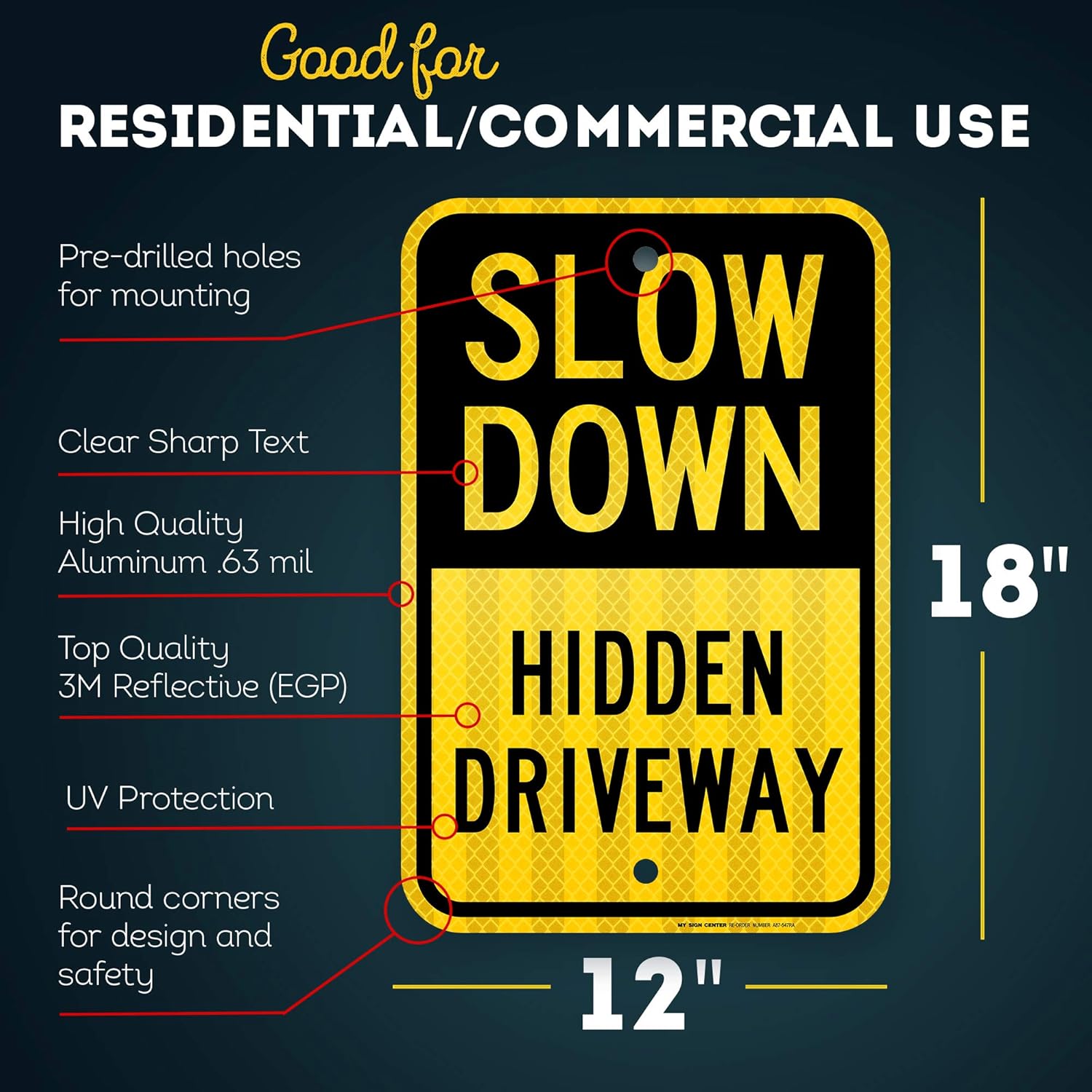 Slow Down Hidden Driveway Sign, 12" x 18", Reflective 0.63 Aluminum, Fade Resistance, Indoor/Outdoor Use, USA MADE By My Sign Center