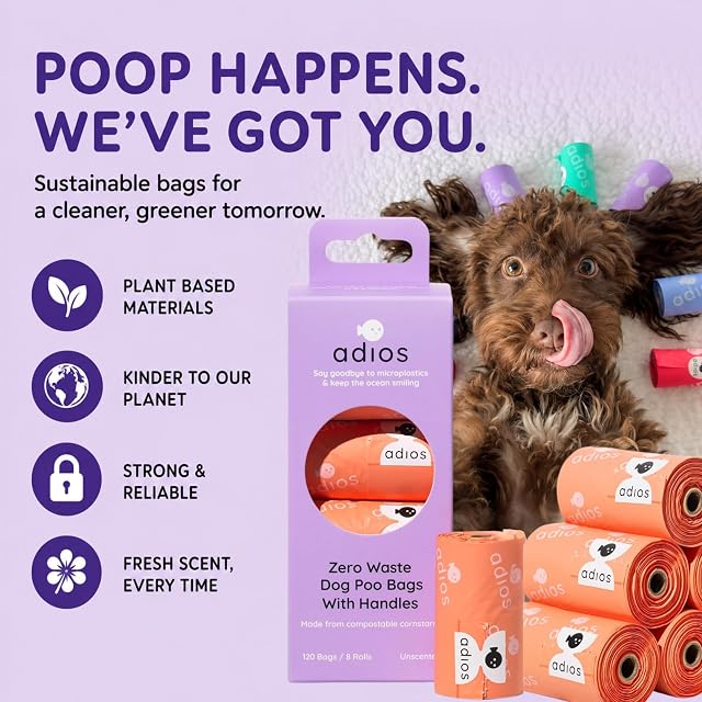 Foto 5 de 7 de Adios Plastic - Bolsas compostables para excrementos de perro con asas, 120 unidades (8 rollos), color coral…