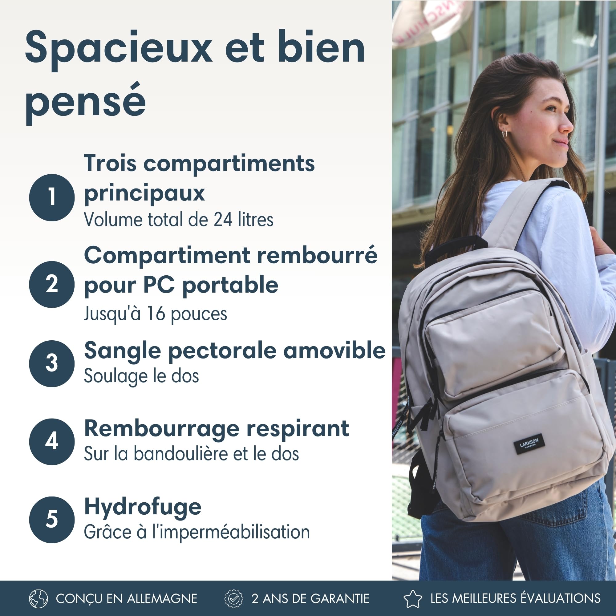LARKSON Sac à Dos Fille & Garçon Beige - No 3 Advanced - Sac Ordinateur 16" pour Collège, Sport & Voyage - Grand Sac à Dos de Loisirs pour Hommes & Femmes - En PET - Imperméable