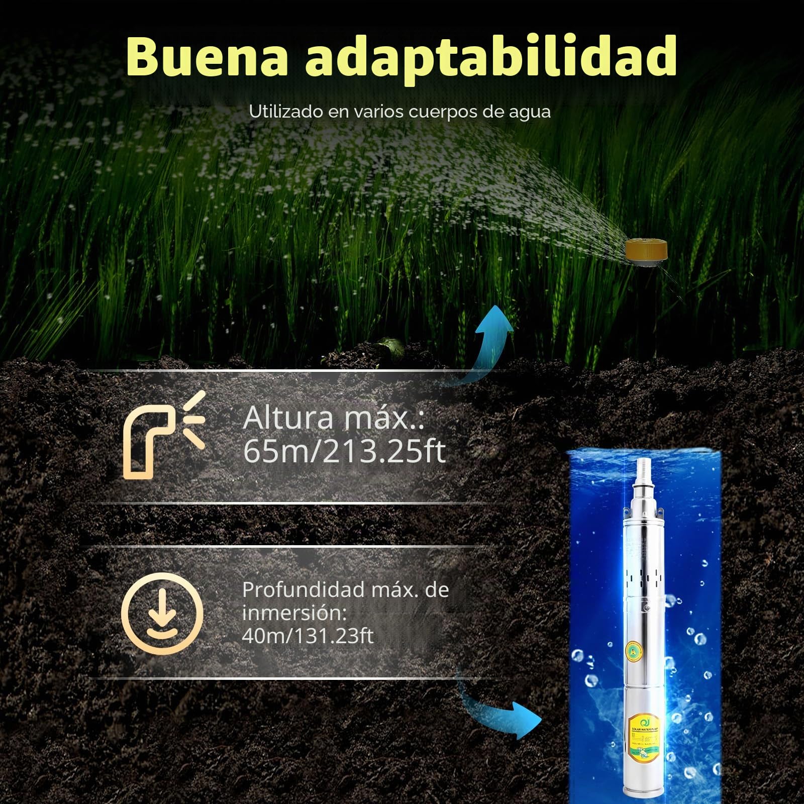 Bomba sumergible solar para fuentes, 24 V, 370 W, bomba de agua sumergible, 1800 l/h, bomba para fuente, fuente, máxima altura de 65 m