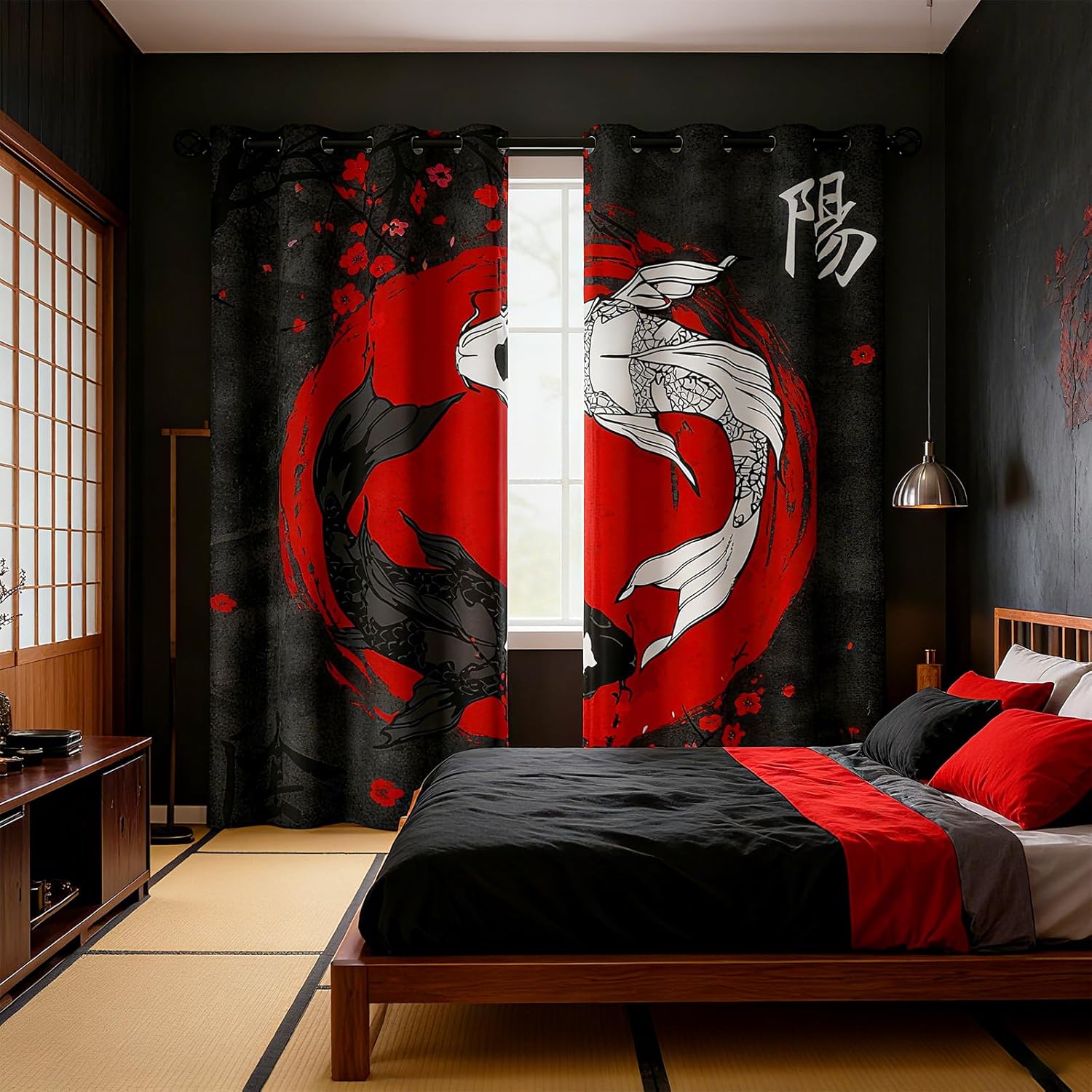 Sanzugh Japanese Anime Blackout Curtains 84 Inch Long 2 Panels Set, Cool Black and Red Yin Yang Black Out Patterned Printed Window Curtain for Men Boys Bedroom Living Room, Grommet Window Drapes