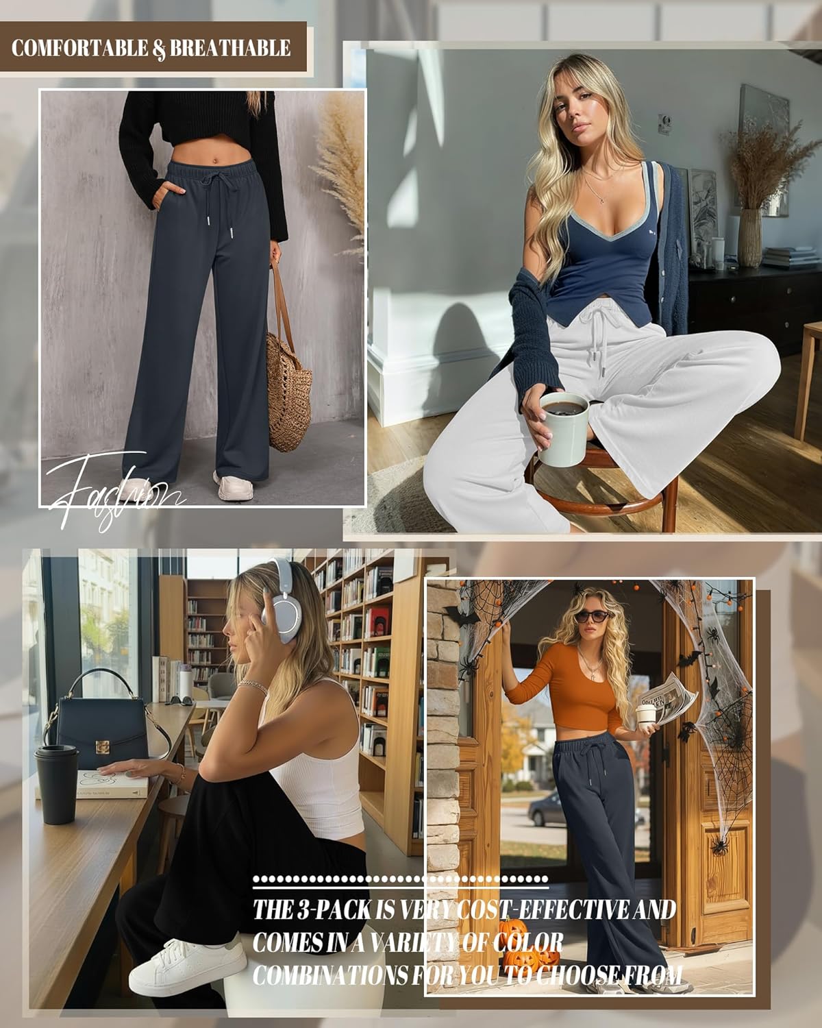 Riyiper 3 Pack Women Wide Leg Sweatpants Drawstring Straight Pants Elastic Waist Joggers Open Bottom Sweatpants with Pockets - Image 5