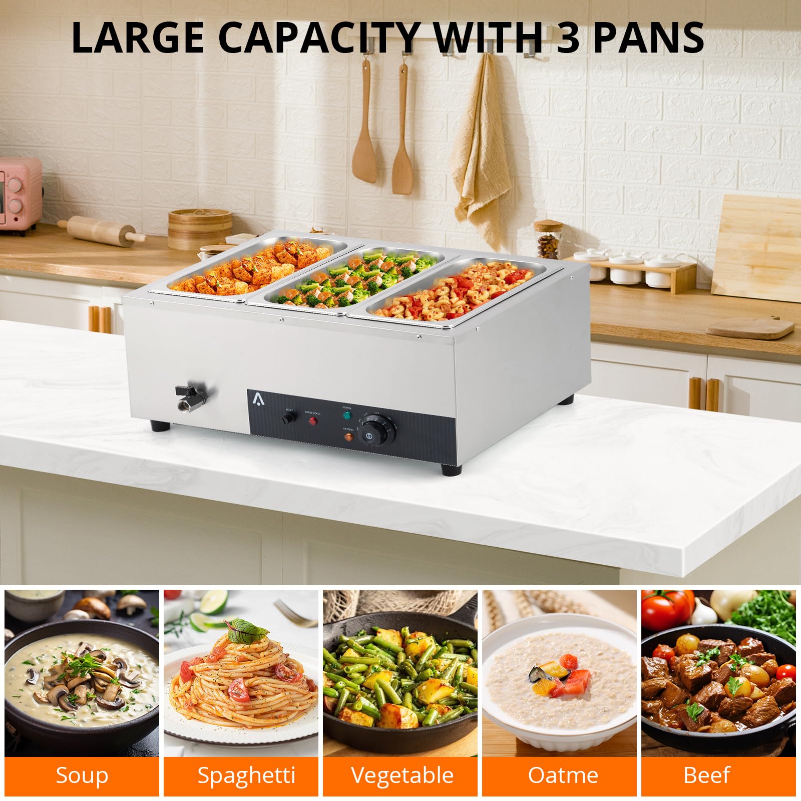 Commercial Electric Bain Marie - 3-Pan Food Warmer with 24 Qt Capacity, 1500W, Tempered Glass Cover, Adjustable Temp Control 86-185°F, and Countertop Stainless Steel Design
