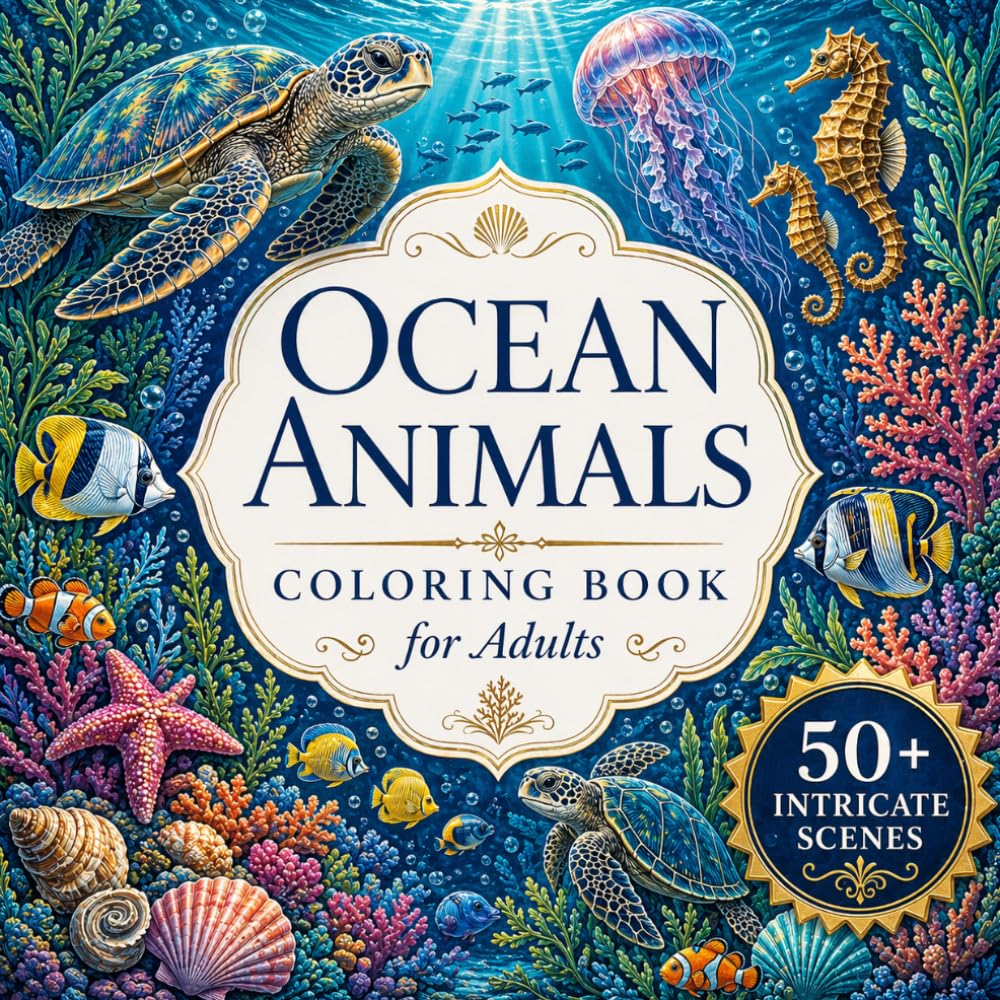 Ocean Animals Coloring Book for Adults: Sea Turtles, Seahorses & Jellyfish | 52 Intricate Underwater Scenes for Stress Relief, Mindfulness & Relaxation | Perfect Gift for Ocean & Marine Life Lovers