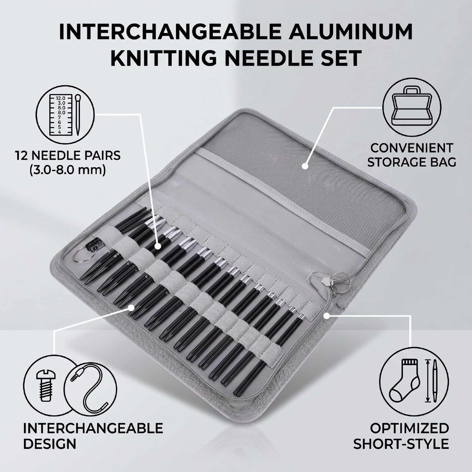 Generic Austauschbares Rundstricknadel-Set, 12 Paar, Langlebige Aluminiumnadeln Zum Stricken von Socken, Decken und Babymützen, 3,0–8,0 Mm