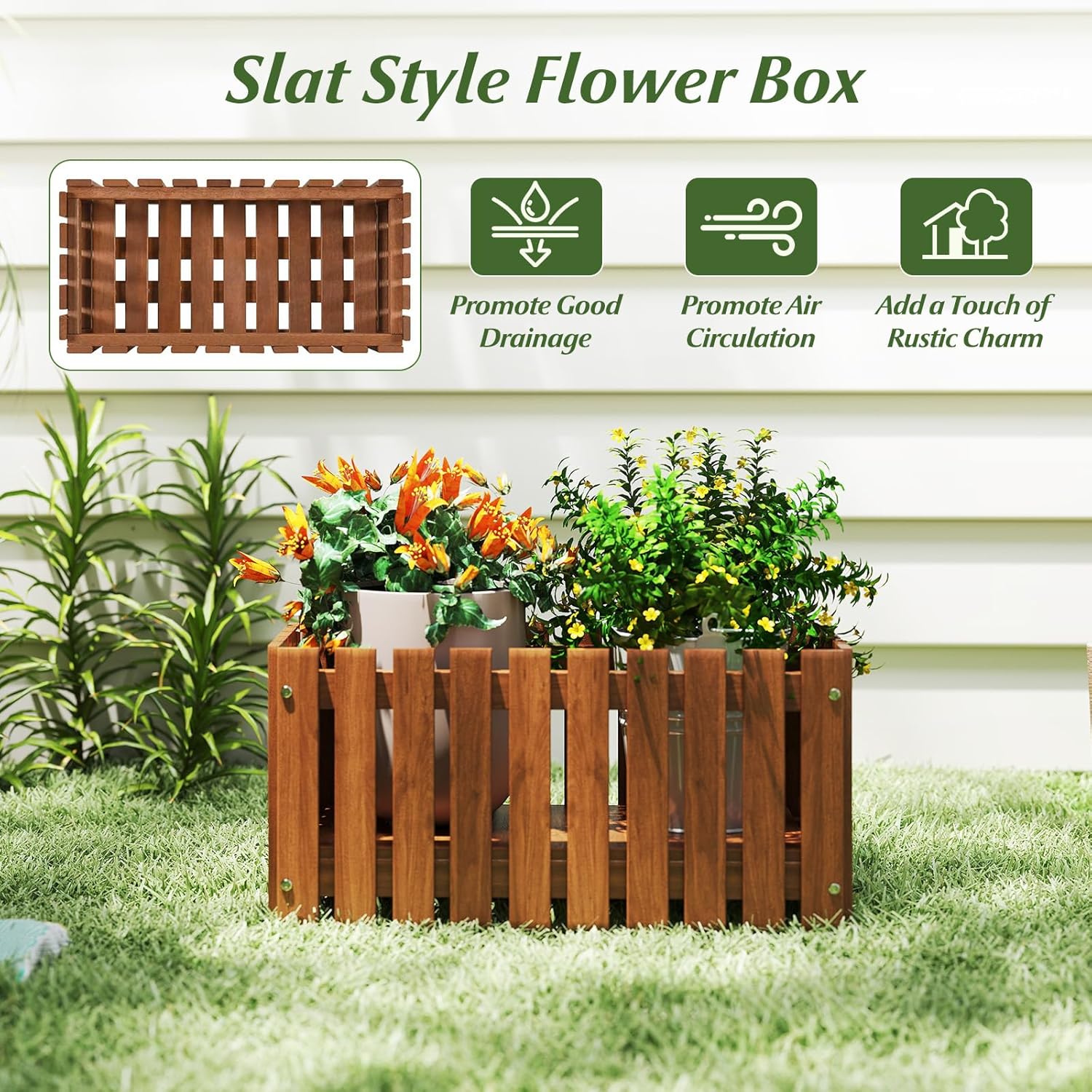 HAPPYGRILL Slat Style Planter Box, Wood Raised Garden Bed for Flower Vegetable, Rectangular Plant Container for Flowerpot Potted Plant, Indoor Outdoor Flower Box for Patio Porch Yard Balcony (1)