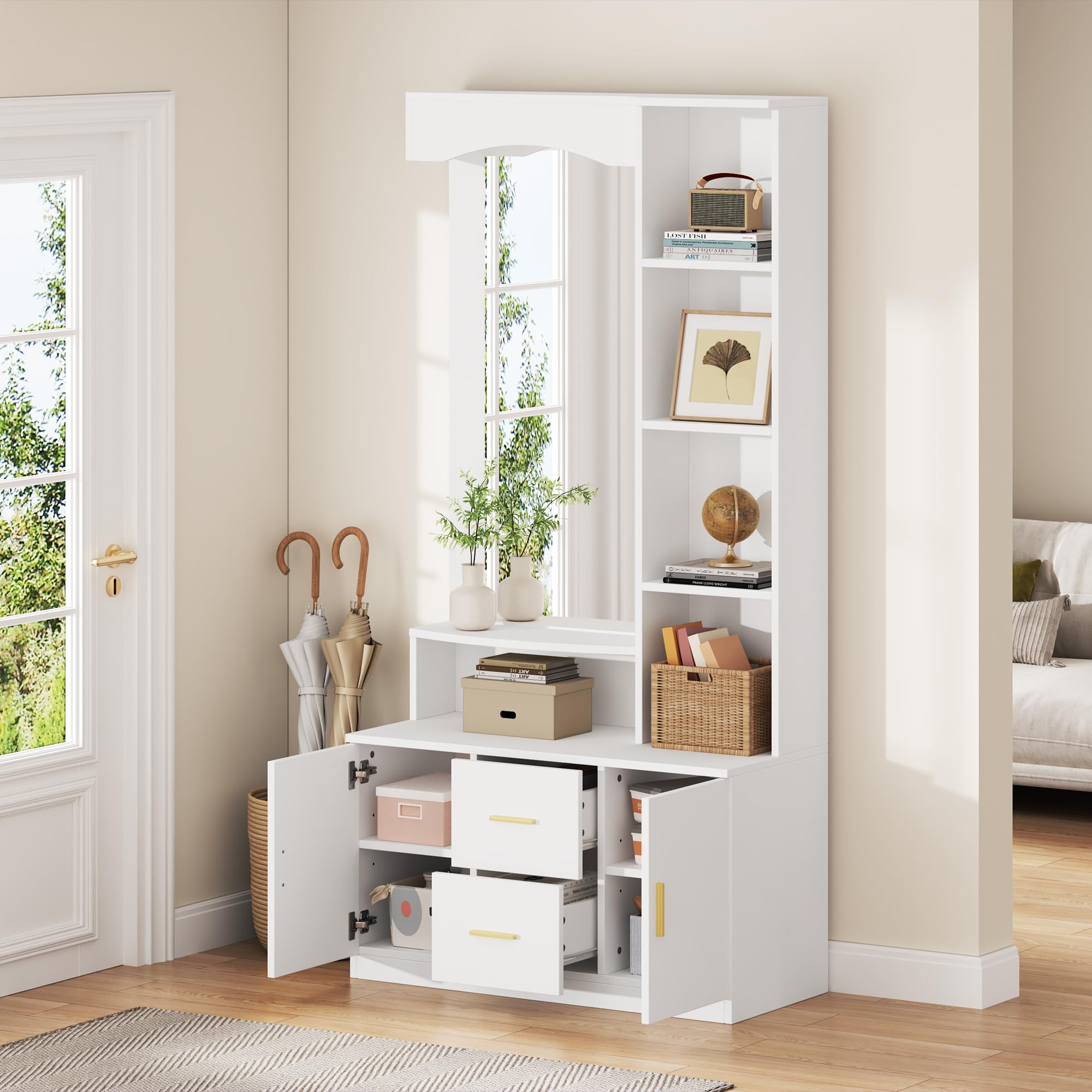 Juego de Perchero 90x40x180 cm Conjunto de Perchero Entrada Recibidor con Espejo y Estante, Perchero de Pasillo con 2 Cajones y Almacenamiento, Mueble de Entrada Multifuncional, Blanco