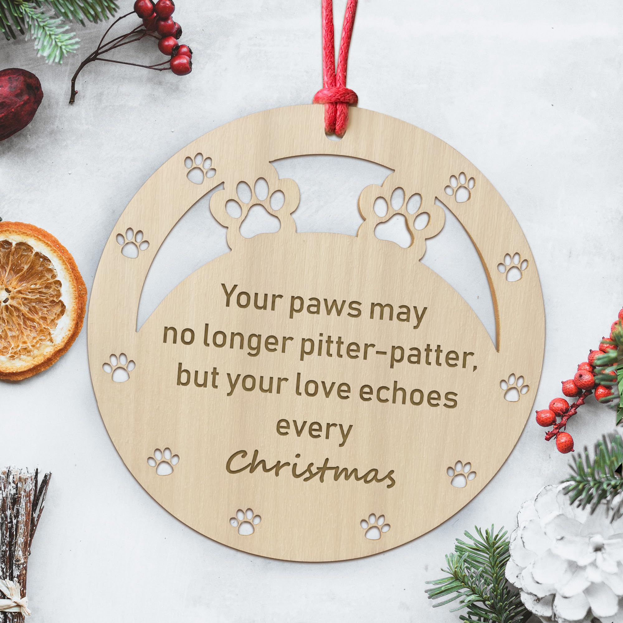 Red Ocean Pitter Patter Dog Memory Christmas Wooden Engraved Bauble, Pet Puppy Memorial Xmas Decoration Gift, In Memory Of Cat Dog Pet Animal Ornament, Memorial Christmas Tree Decorations (Pitter Patter)