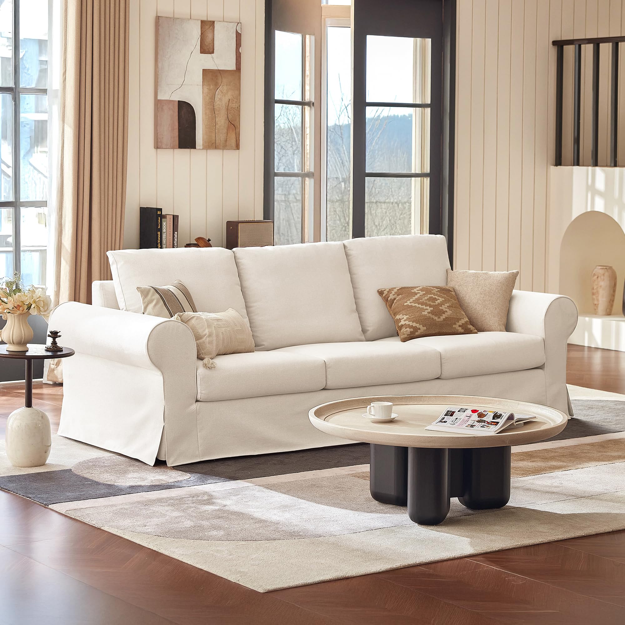 3-Seater Farmhouse Fabric Sofa, 89" Upholstered Couch for Living Room with Rolled