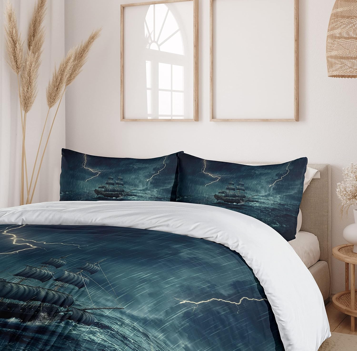 Ambesonne Landscape Duvet Cover Set, Stormy and Rainy Weather Waves Vintage Ship Sailing Oil Paint, Decorative 2 Piece Bedding Set with 1 Pillow Sham, Twin Size, Dark Cadet Blue White Twin Dark Cadet Blue White