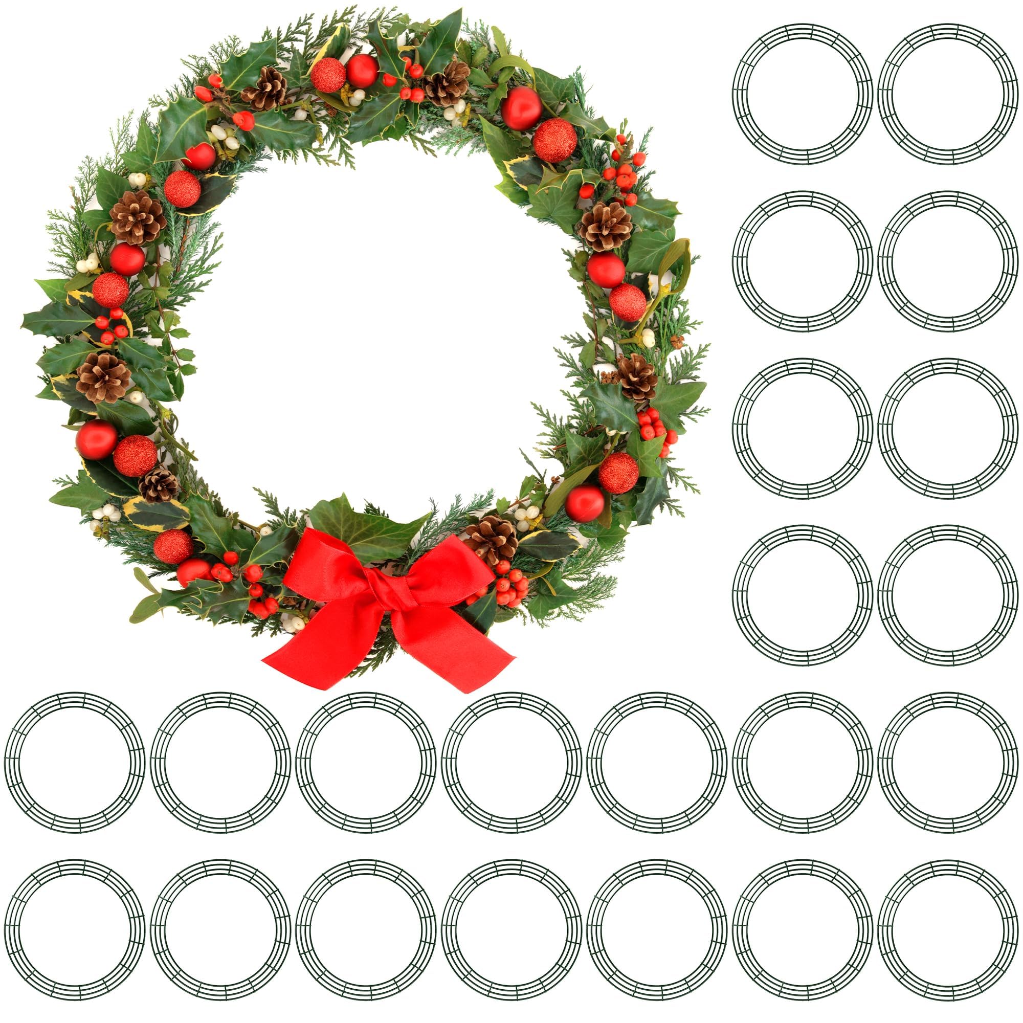 Condition photo showing New/Like New for Aodaer 24 Pack 30 Inch Wire Wreath Frame Christmas Dark Green Wire Wreath Ring Round Metal DIY Floral Crafts Wreaths for Halloween New Year Holiday Valentines Day Decorations