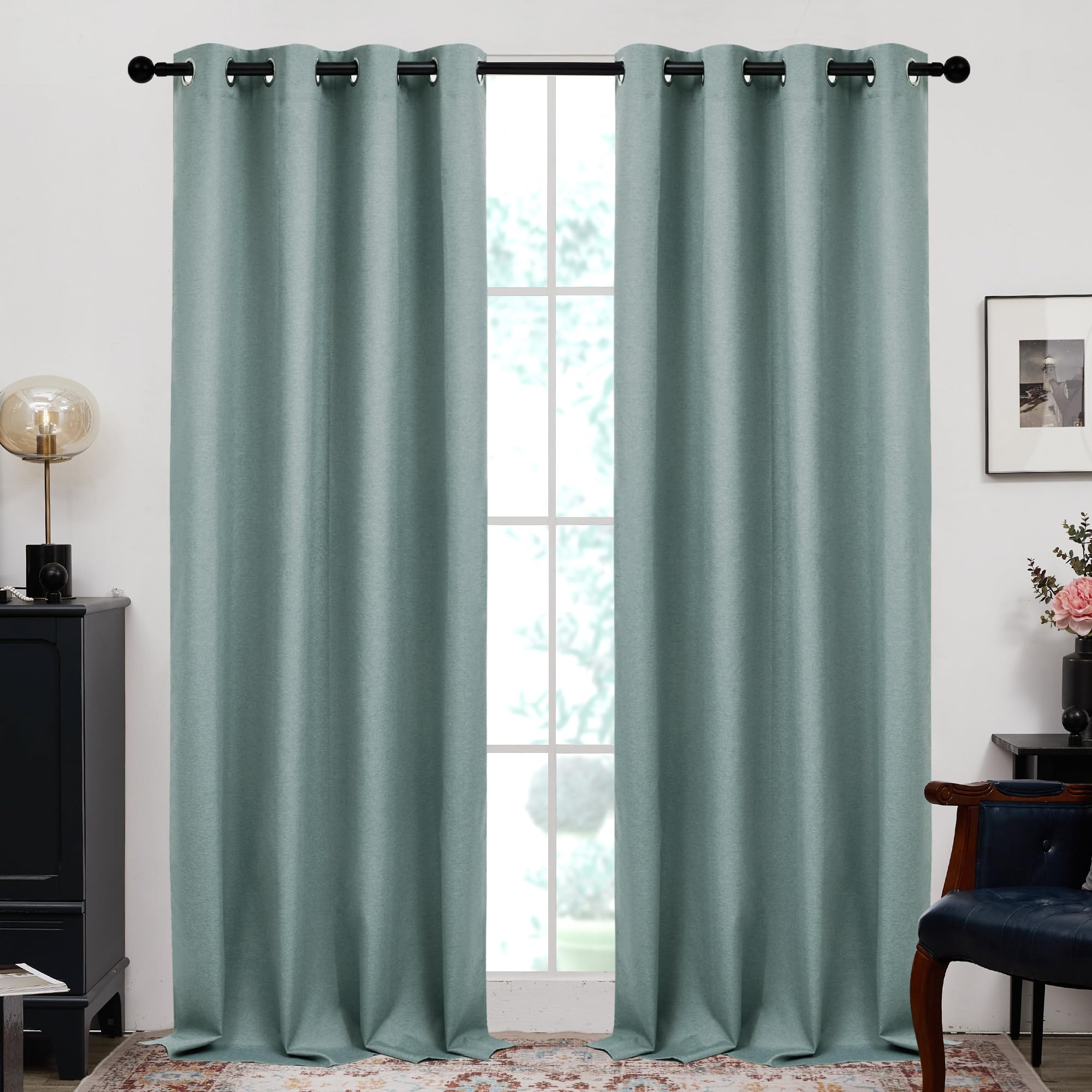 Deconovo Green Blackout Curtains 84 Inch Length 2 Panel for Living Room Bedroom Dining, Thermal Insulated Light Blocking Privacy Farmhouse Country Faux Linen Grommet Drapes, Stone Green, 52x84 Inch
