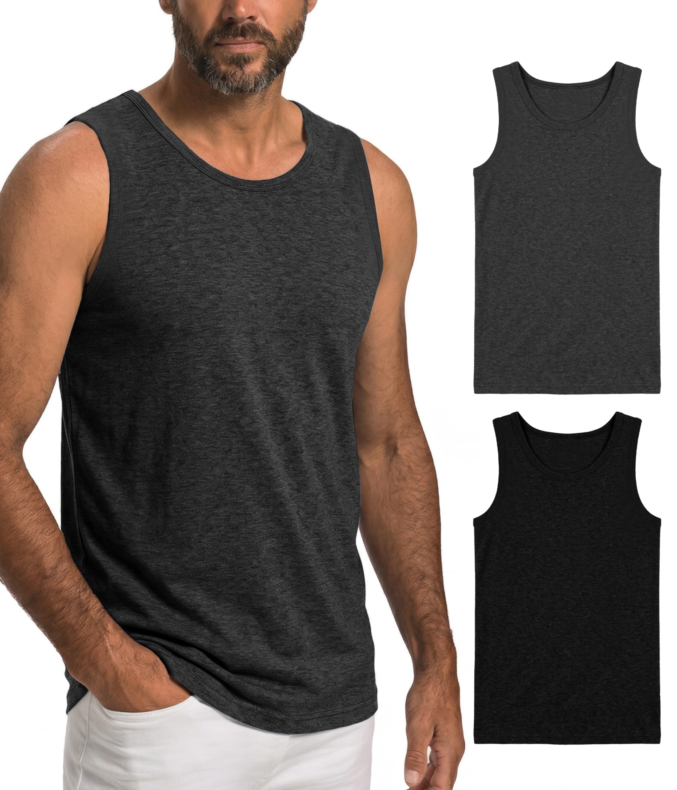 Men's 100% Merino Wool Tank Top 2 Pack, Moisture Wicking Breathable Shirts, Lightweight Base Layer Undershirt