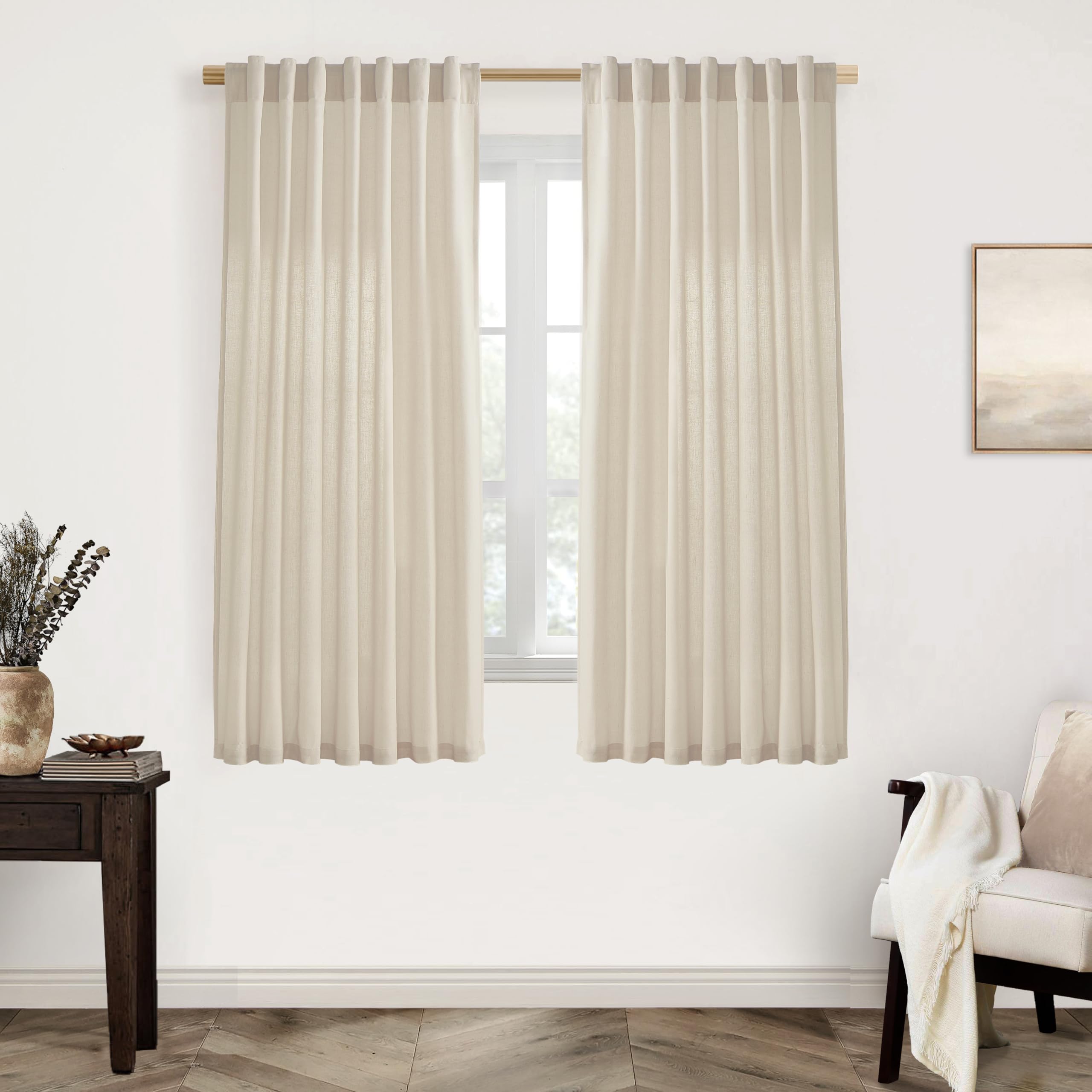 XTMYI 63 Inches Long Beige Country Curtains for Living Room,Sheer Linen Curtains for Bedroom