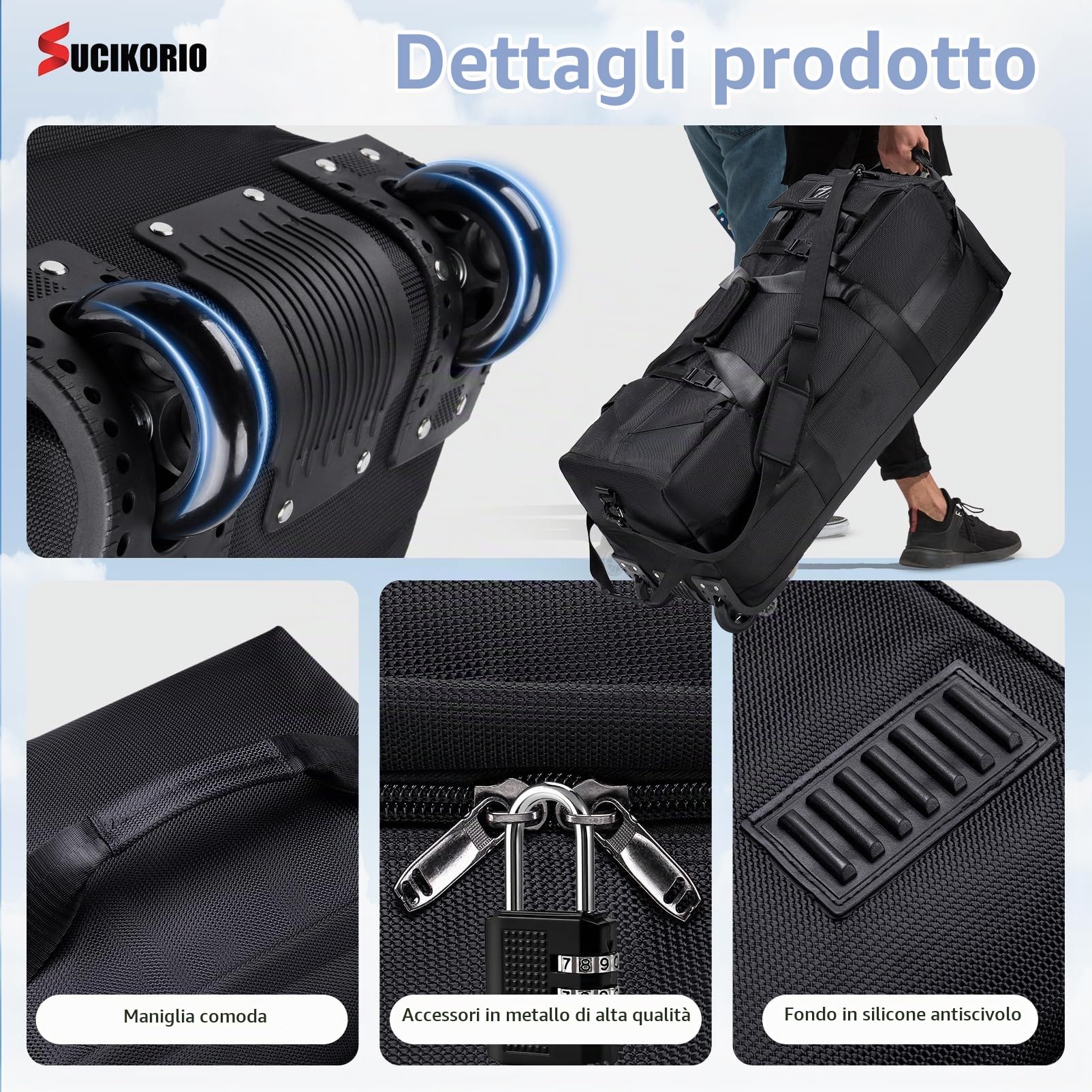 Borsone da Viaggio Con Ruote, Impermeabile 3 In 1 Zaino da Viaggio Aereo Bagaglio a Mano con Lucchetto Combinazione 3 Cifre Grande 80L XL Borsa da Viaggio Unisex Weekender per Aereo, Viaggi