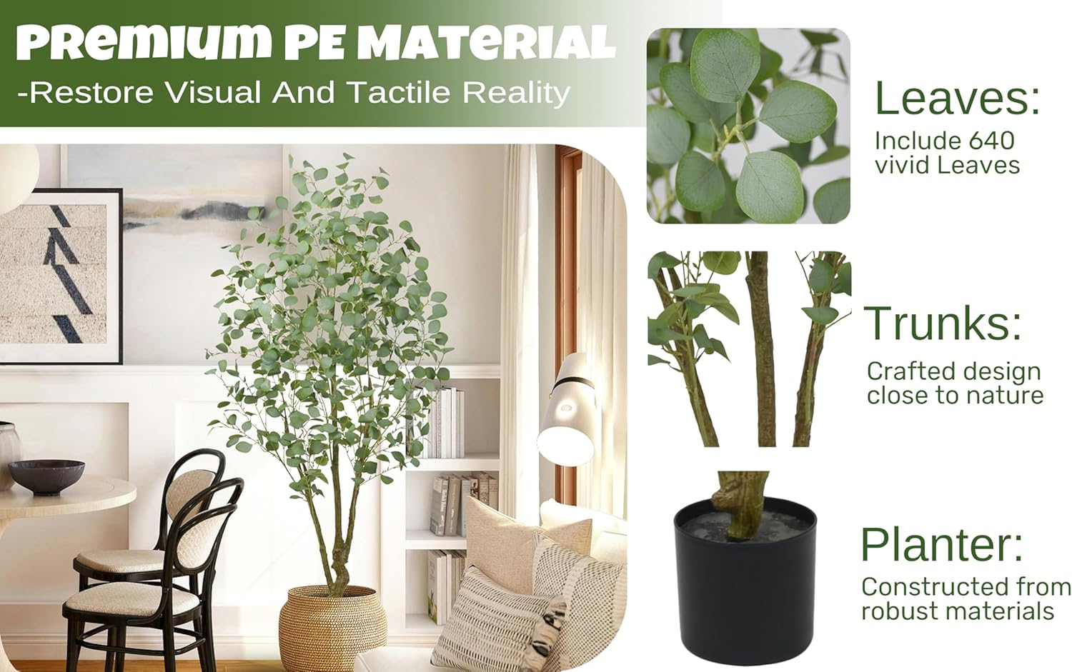 Artificial Eucalyptus Tree 6FT with 640 Leaves Realistic Tall Large Fake Faux Tropical Plant 70 Inch Black Pot for Indoor Home Office Poolside Porch Mall Hotel School Decor Housewarming Gift - Image 5