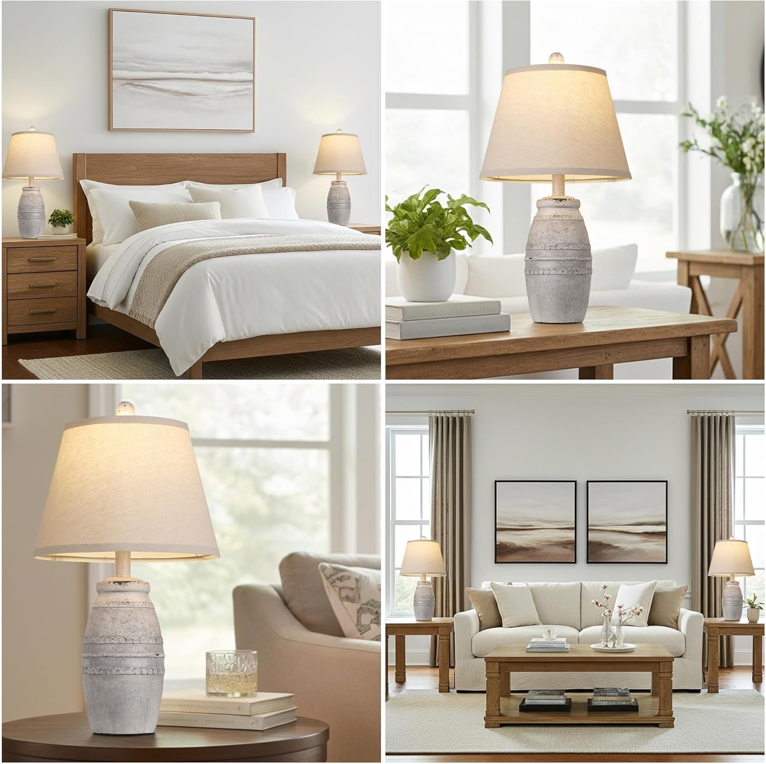 QiMH Farmhouse Table Lamps Set of 2, Bedside Lamps for Living Room, Modern Table Lamp for Bedroom, 21.5" Vintage Rustic Nightstand Lamp with Linen Shade, Retro Side Table Lamp for Office, Antique Grey