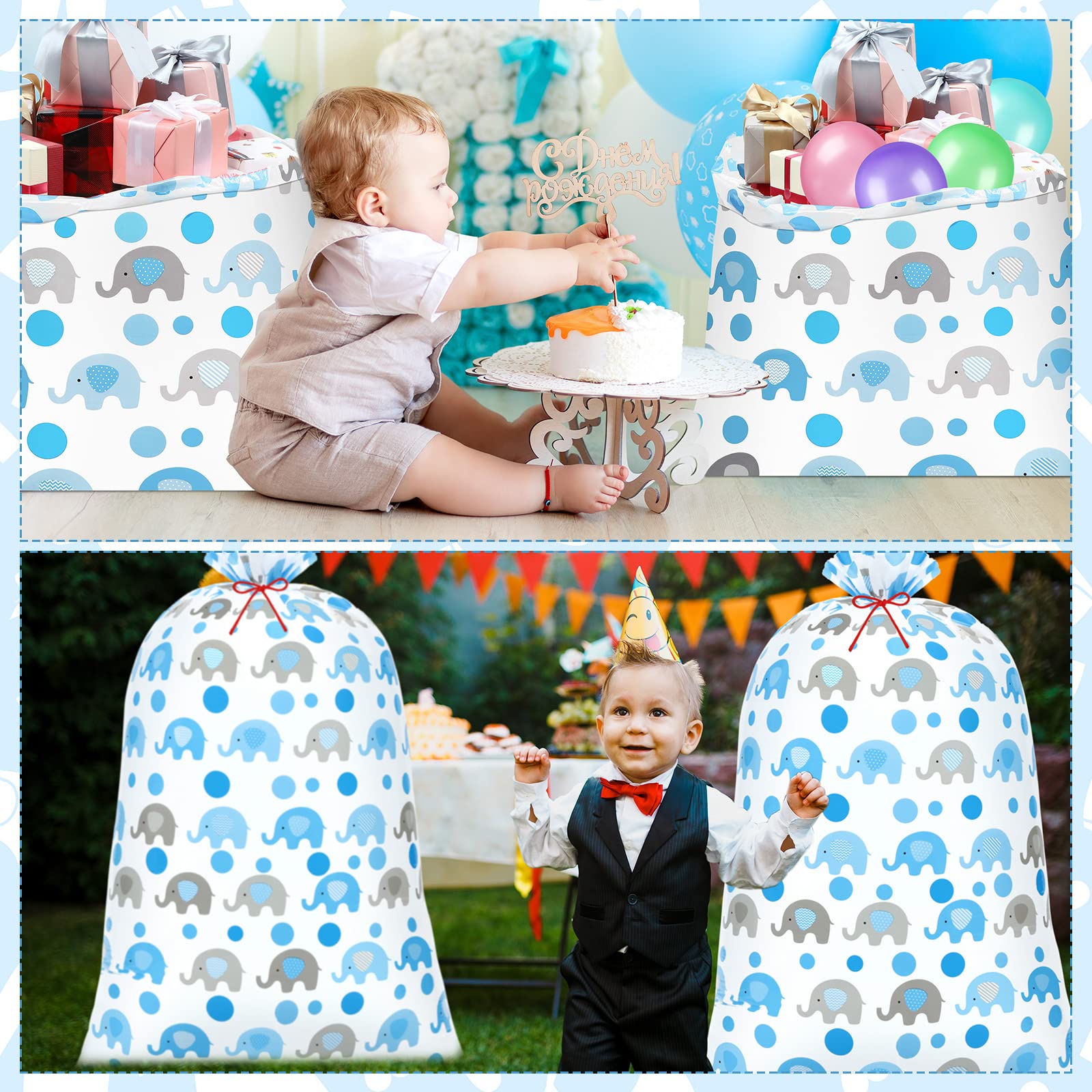 Zonon 3 Pcs 56'' XL Extra Large Baby Shower Bag Blue Elephant Giant Oversized Holiday Plastic Gift Bags Jumbo Huge Storage Wrapping for Birthday Present Holiday Party Favors Gift Wrap(Blue)