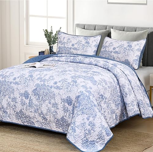 WONGS BEDDING Juego de edredón azul tamaño Queen, juego de colcha botánica de 3 piezas de microfibra ligera con patrón de plantas azules, decoración