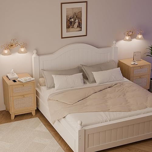 Miniatura 6 de Juego de 2 mesitas de noche de mimbre modernas, soporte de ratán con cajón y espacio de almacenamiento, mesa auxiliar de madera para espacios