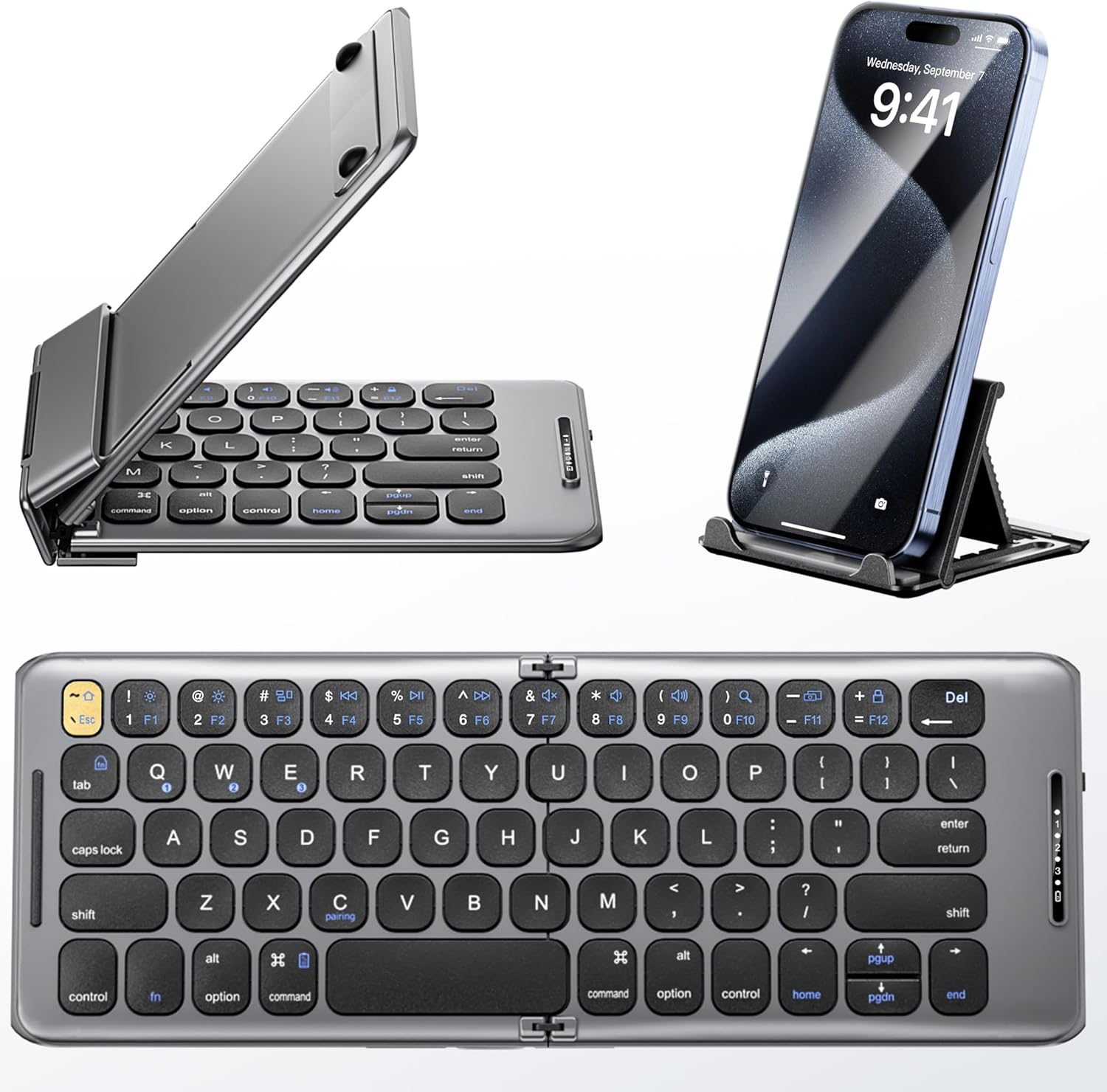 Foldable Bluetooth Keyboard with Stand Holder, Rechargeable Pocket Size Folding Travel Keyboard for iPhone, iPad, Tablet, Laptop, Smartphone, B088