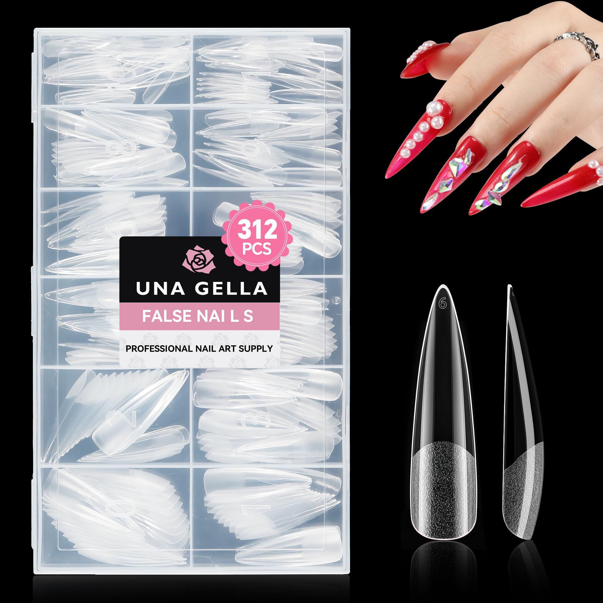 UNA GELLA XXL Stiletto Nail Tips, 312pcs Pre-shape Extra Long Stiletto Nails Tips Pre Etched Full Cover No Need File Clear Fake Nails for Party DIY