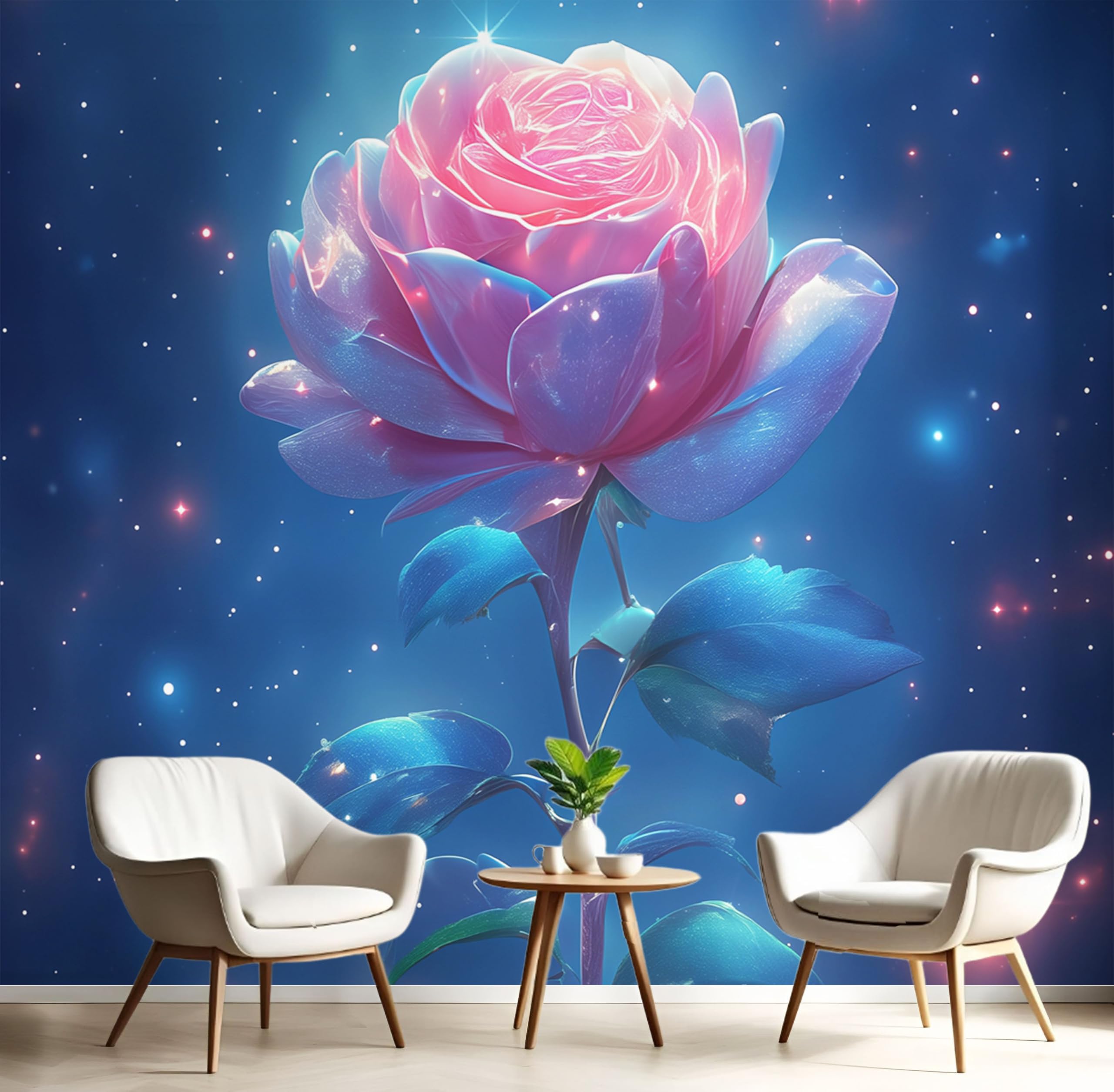 Papier peint fleurs et plantes ciel étoilé rose 400x280 cm pour salon et chambre
