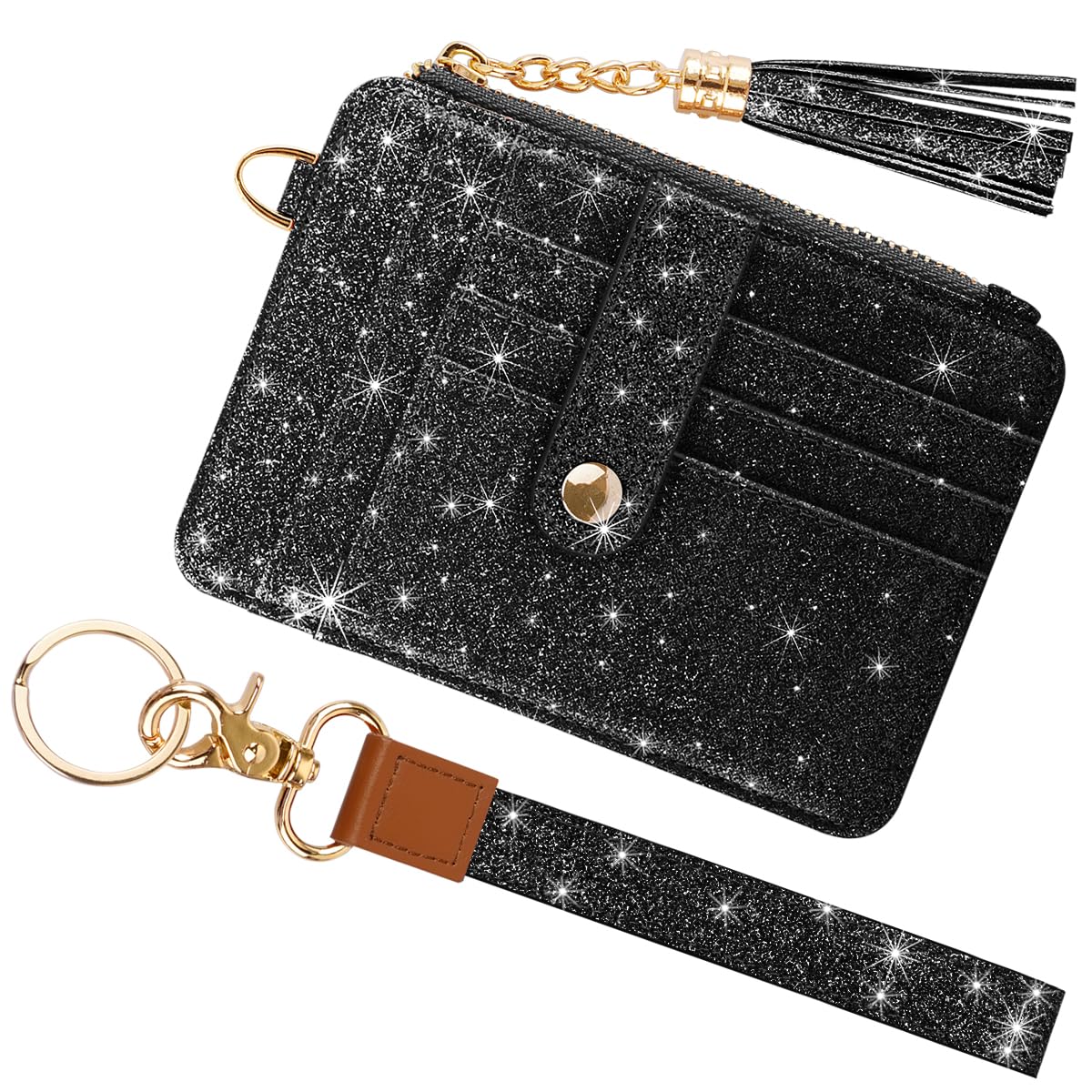 Simikol Slim Zipper Credit Card Holder with Keychain Wristlet Small RFID Glitter Leather Wallet with ID Window for Women,Black
