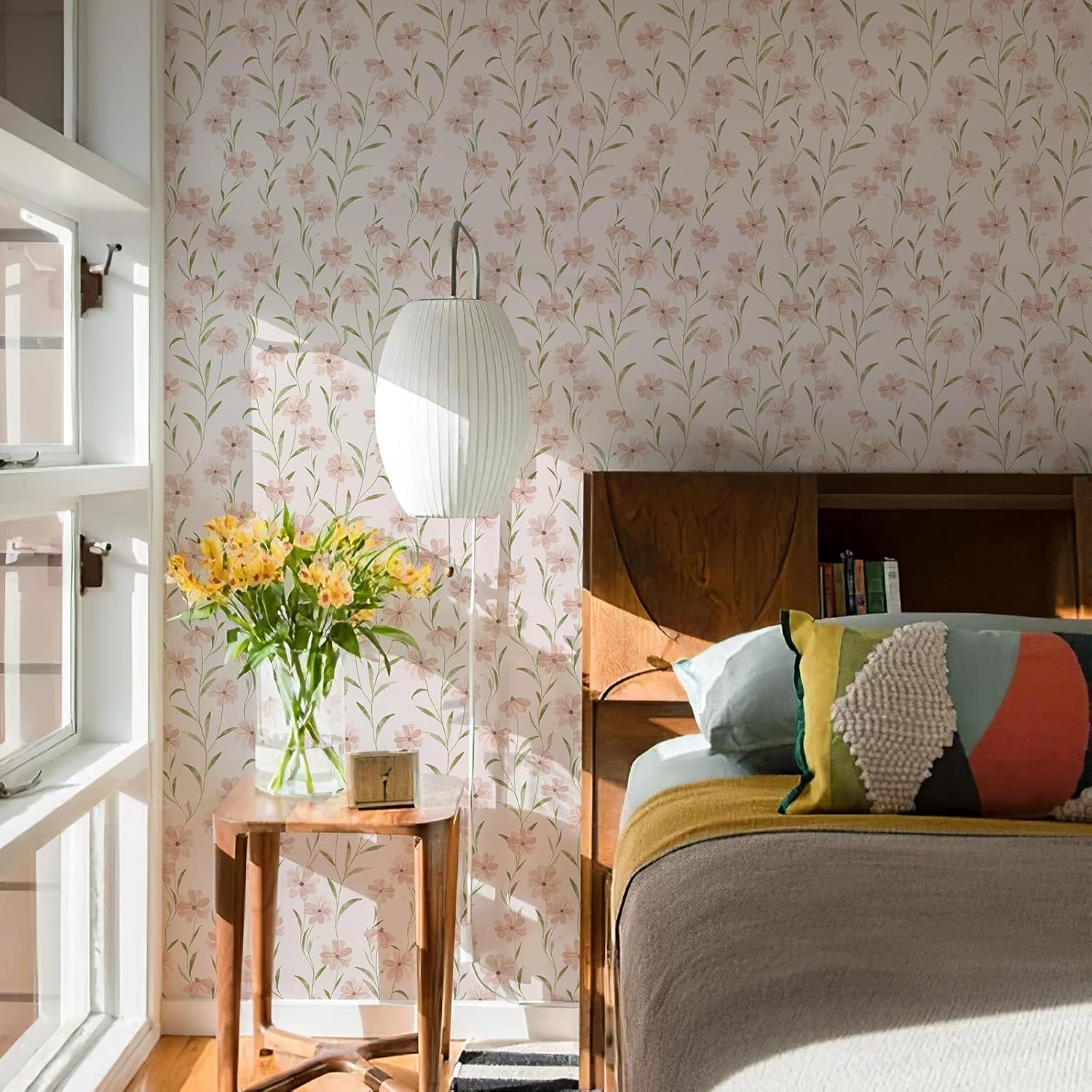 Pink Floral Wallpaper Peel and Stick, Vintage Wildflower Contact Papper for Girls Kids Bedroom, Botanical Flower Farmhouse Self Adhesive Wall Paper Bathroom Furniture 236.2" X17.3"(29 sq. ft)