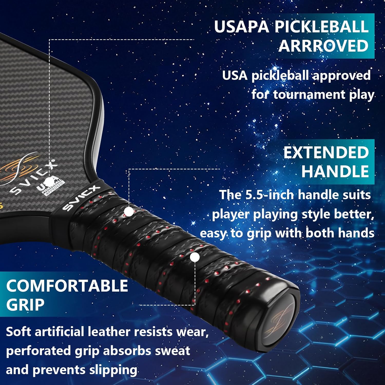 Carbon Fiber Pickleball Paddle 16mm – Professional Pickleball Paddles with Superior Control, Power & Spin – Extended Handle for Two-Handed Grip, USAPA Approved