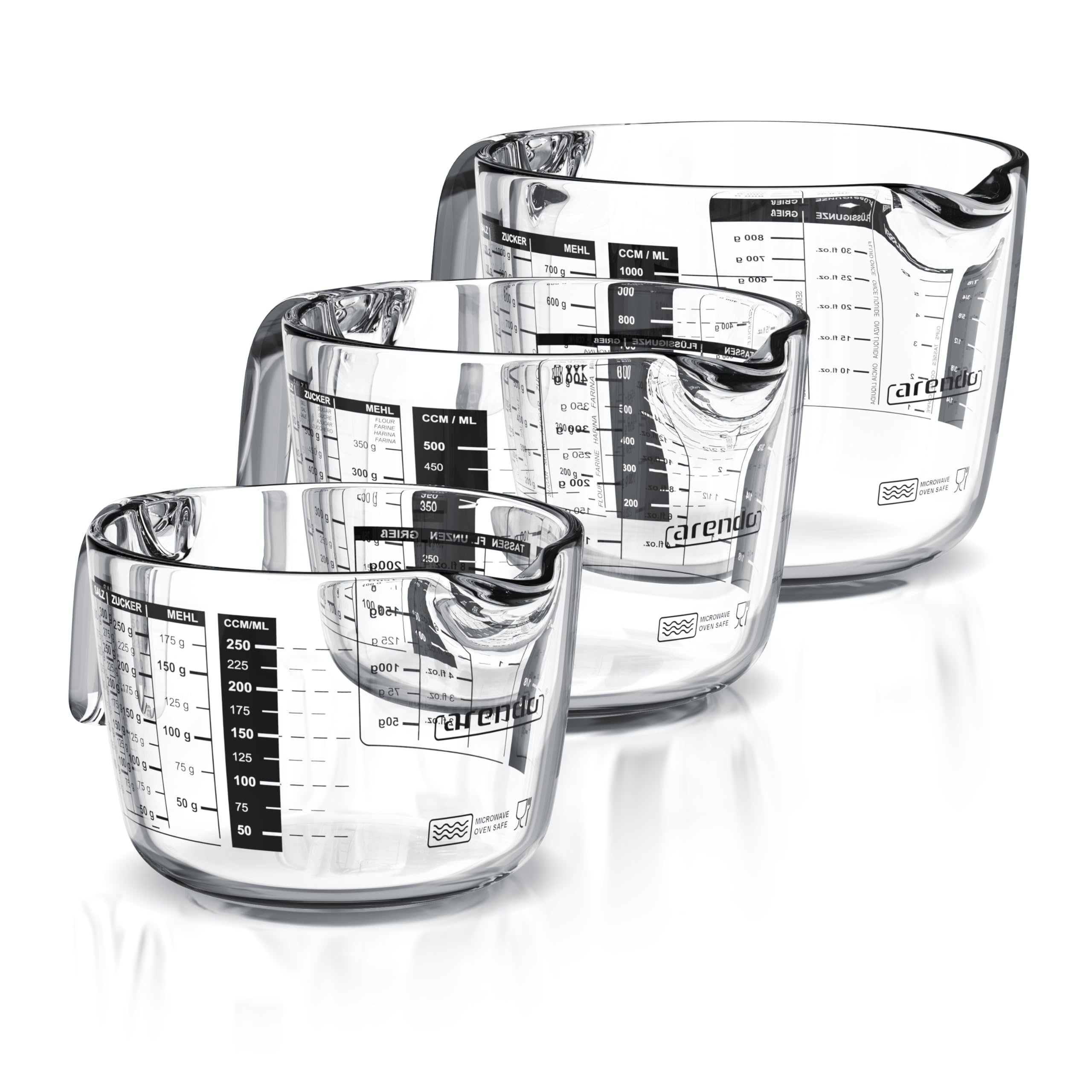 Arendo - Messbecher Set aus Borosilikatglas - Größen 1000ml 500ml 250ml (1l 0,5l 0,250l) – Messkrug Glas Krug – präzise Skala – hitzebeständig – Mikrowellen geeignet – Küchenmessbecher