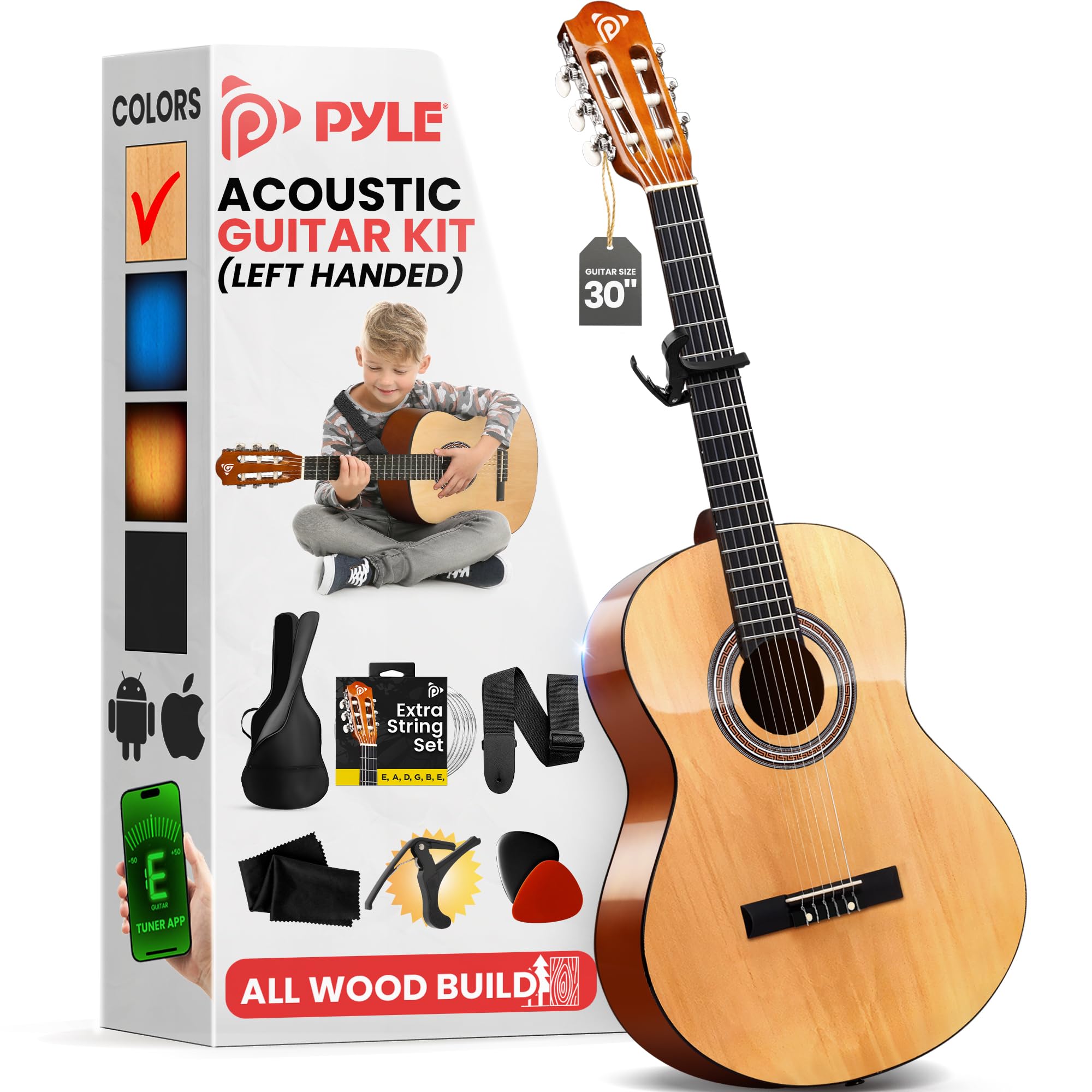 Pyle Classical Guitar Starter Kit - 30" 1/4th Size All Wood Instrument with Capo, Gig Bag, Strings, Strap, Picks (Natural Gloss)