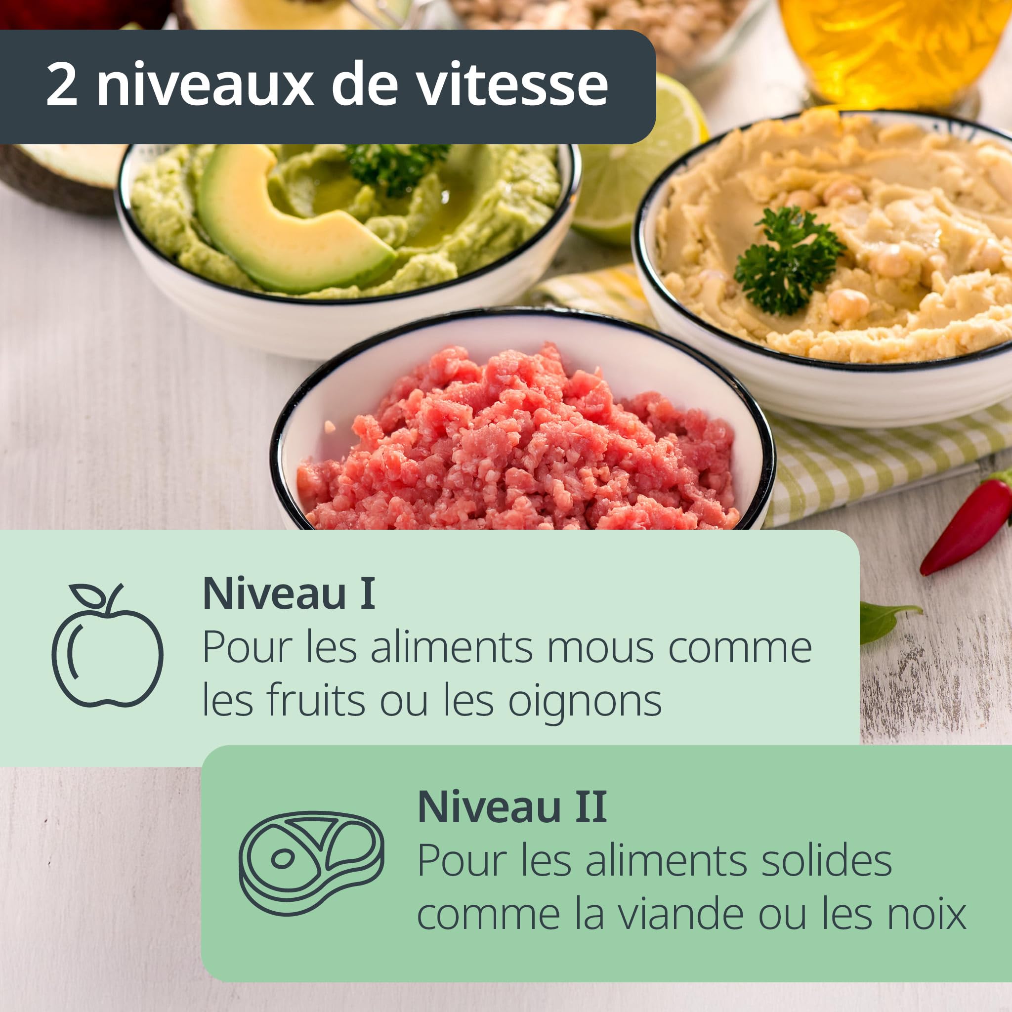 ADE Hachoir électrique puissant | moteur puissant de 500 W | grand bol en verre de 1,2 l | 4 lames en acier inoxydable | 2 vitesses | oignons, légumes, viande | hachoir universel et multi-usages