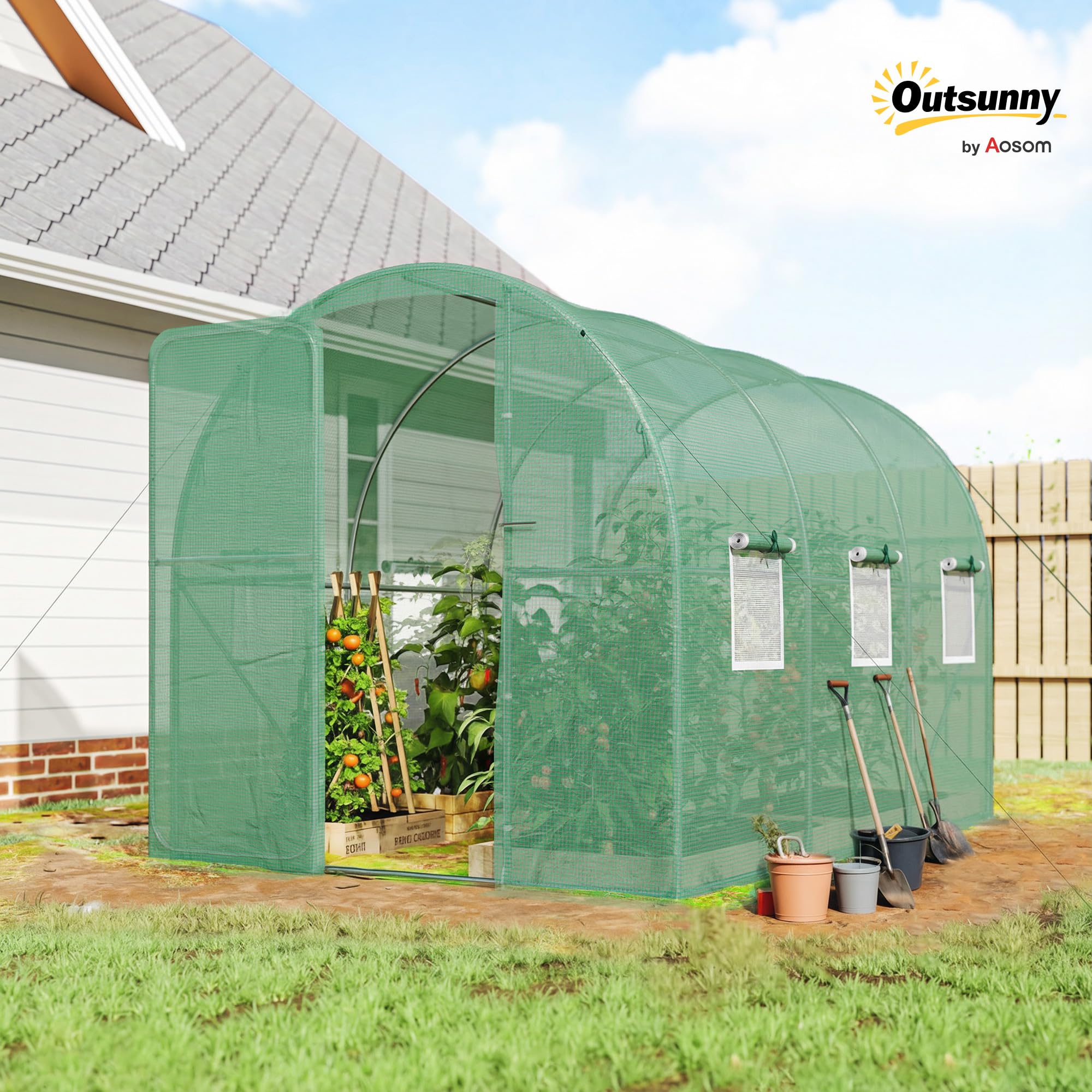 Outsunny Szklarnia 3x2x2 m foliowa z drzwiami zderzakowymi Zielona | Zamykana, 6 rolowanych okien, pręty wsporcze, wydłużone krawędzie, tunel foliowy UV, zimoodporny dom pomidorowy