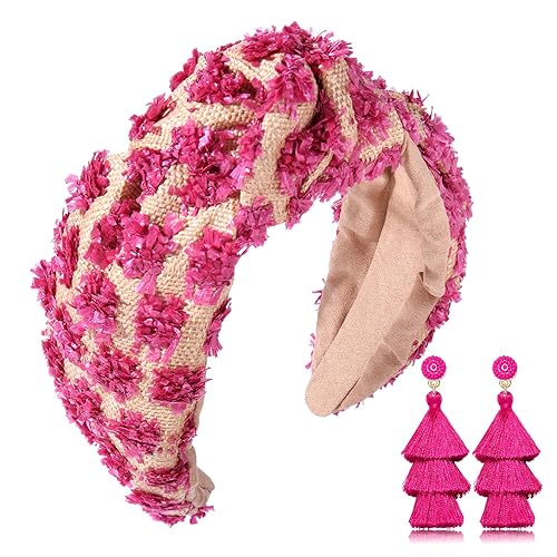 Diademas anudadas de rafia para mujer, bohemias, de paja, con nudo en la parte superior ancha, diadema de mimbre de ratán, trenzada, pompón, diadema