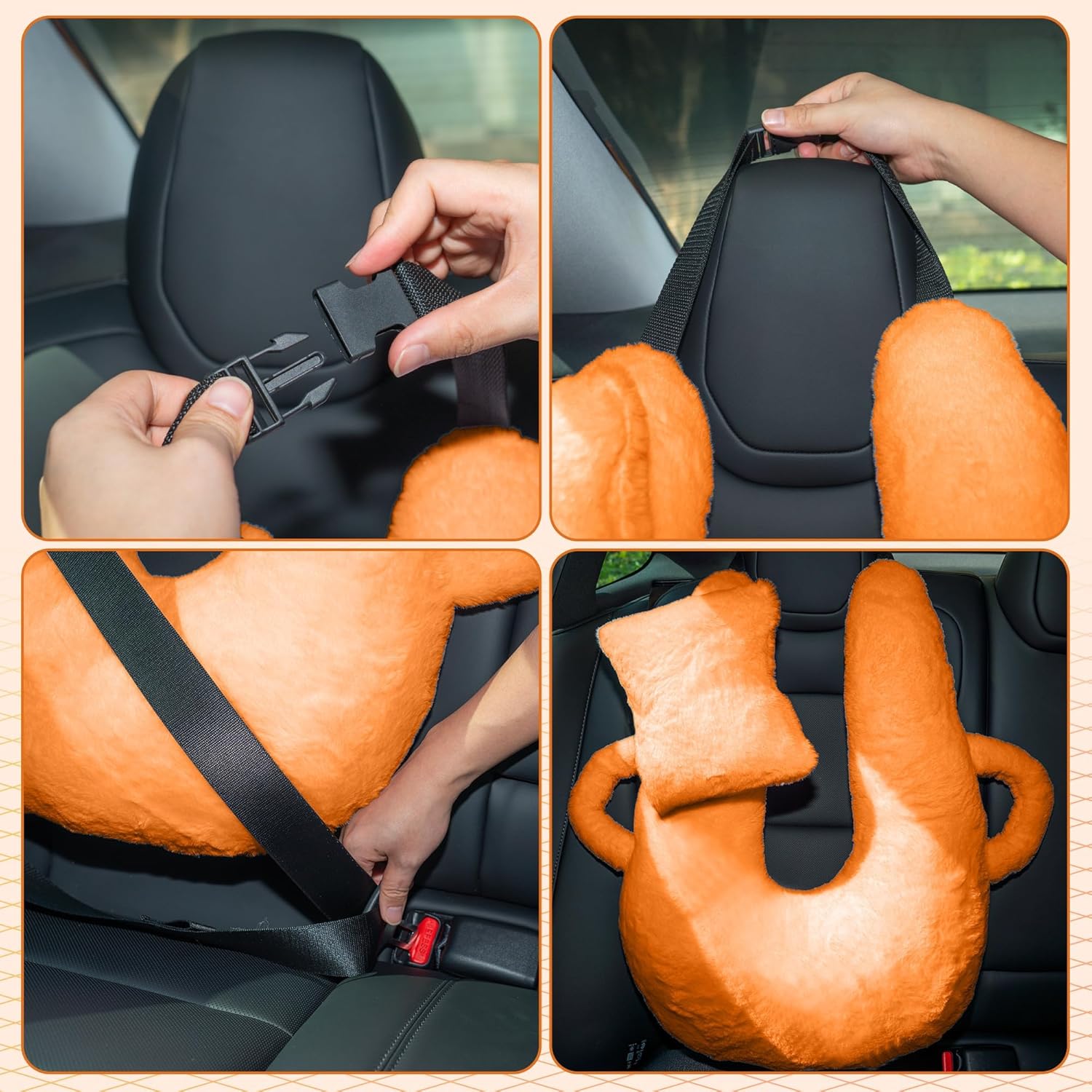 Travel Pillow for Adults and Children, The Back Seat of Car Travel Pillow Double-Handed & Head Support Cushion Sleeper Holder Pillows for Long-Distance Travel (Orange)