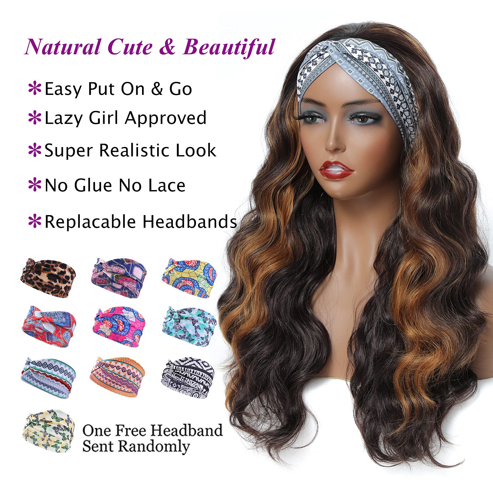 Brown highlights head band wavy wig Long Wavy Brown Mix Blonde Highlight Headband Wig | 28 | 180  main image 4