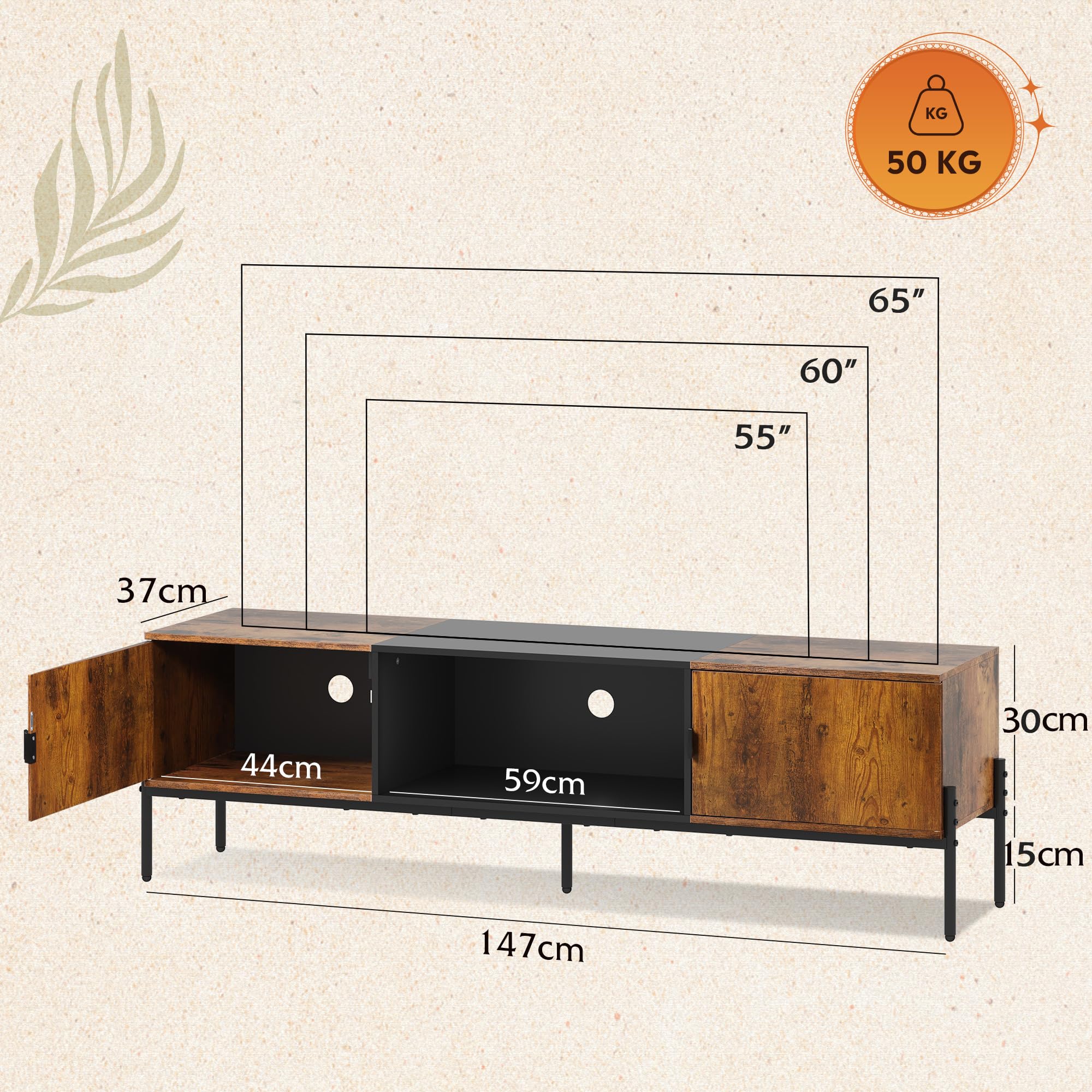 WLIVE TV Schrank, Lowboard für Fernseher bis zu 65 Zoll, 147 x 37 x 45 cm, Fernsehschrank TV Board mit Offenen Stauraum, Fernsehtisch für Wohnzimmer und Schlafzimmer Modern Stand for