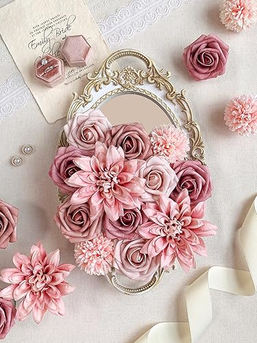 Vista 126 de White Rose Artificial Flowers Fake Flower Bulk with Stems for DIY Wedding Bouquet Bridal Baby Shower Centerpiece Table Decorations Silk Faux Floral