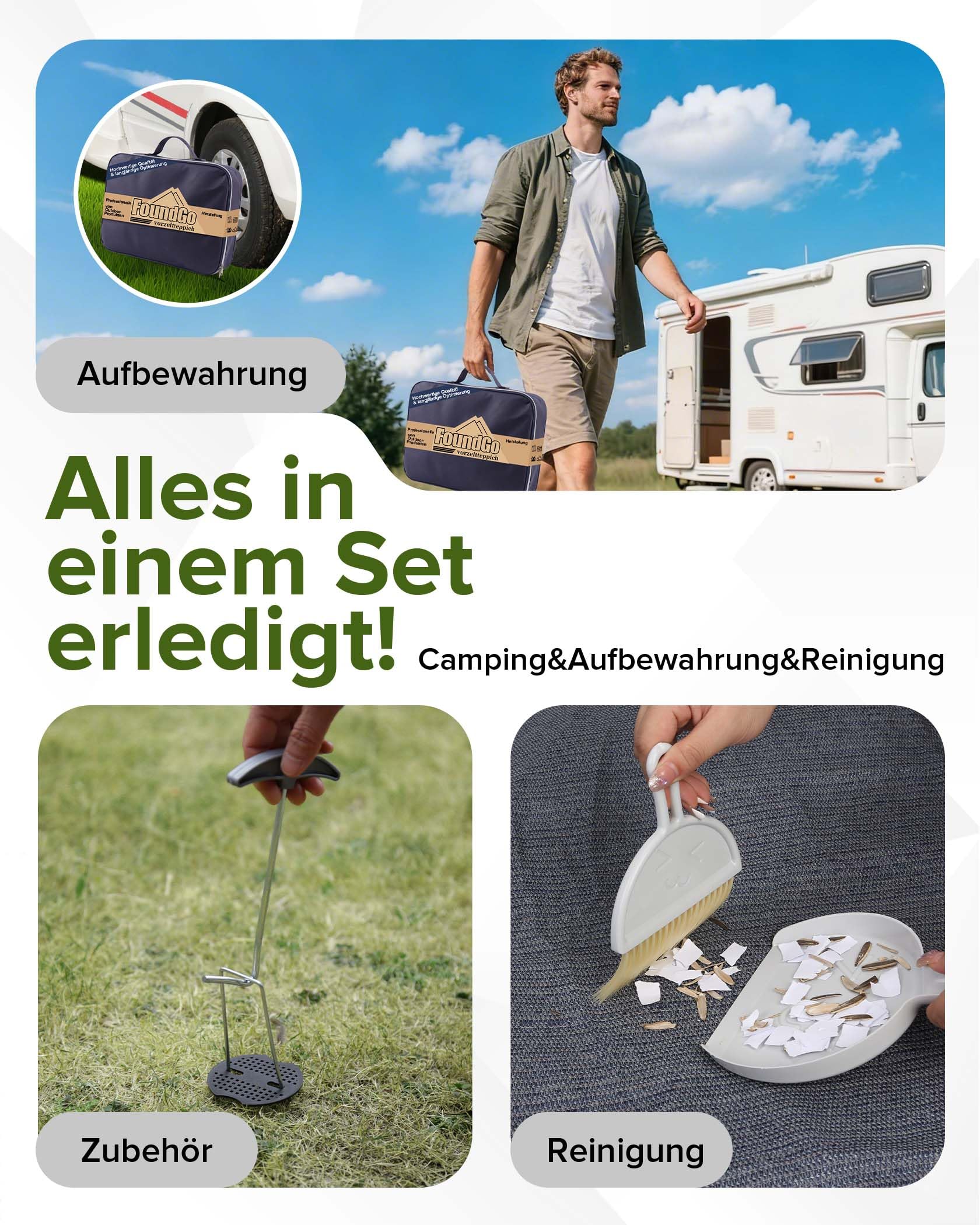 FoundGo Tapis d'auvent de Camping Car avec œillets, 280g/m² HDPE Tapis de Camping，Sol d'auvent extérieur avec Sac de Transport，Clous en Acier et Petit Balai