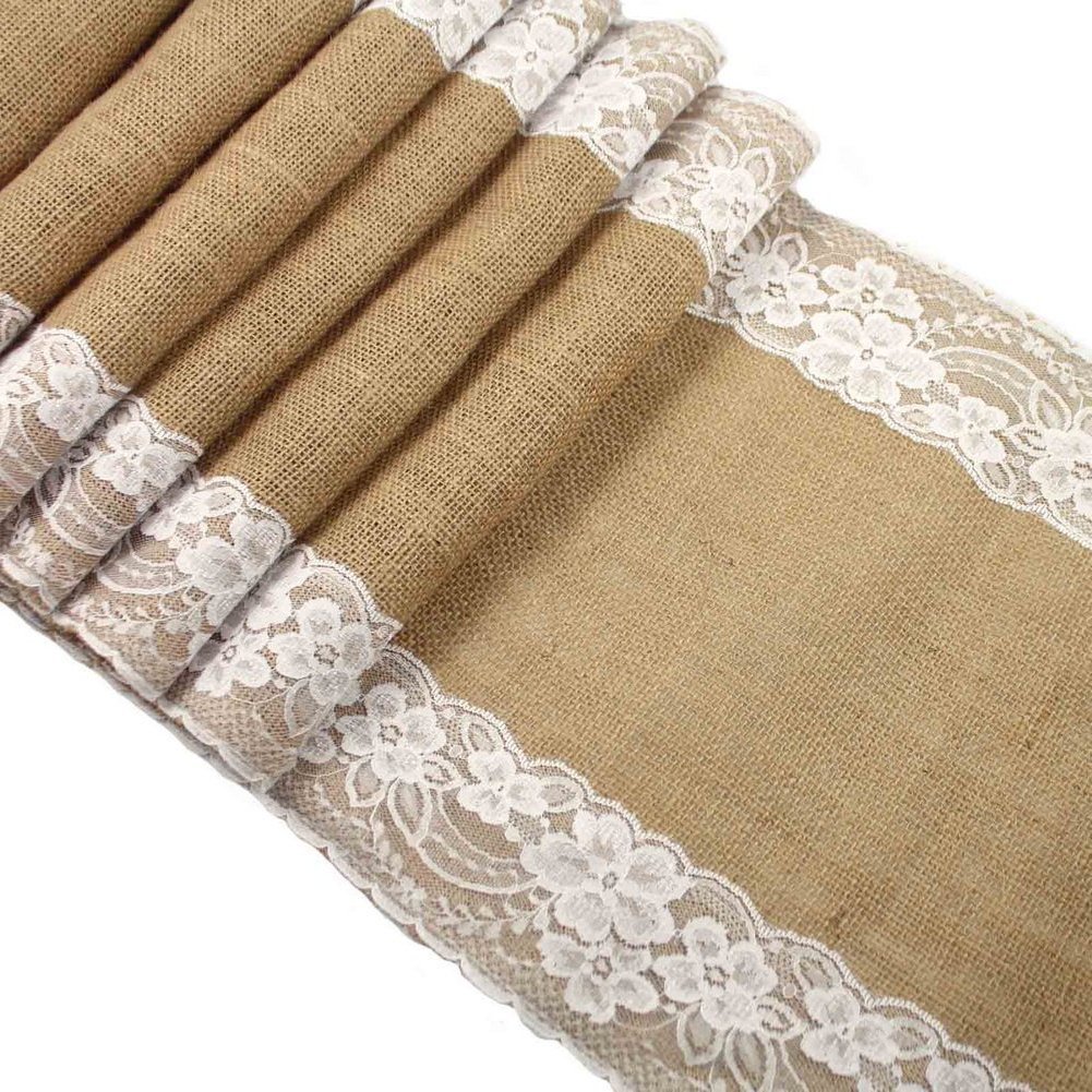 Max-Cool Burlap Lace Hessian Table Runner Jute Country Outdoor Wedding Party Decoration 12x108 inches (2pack)